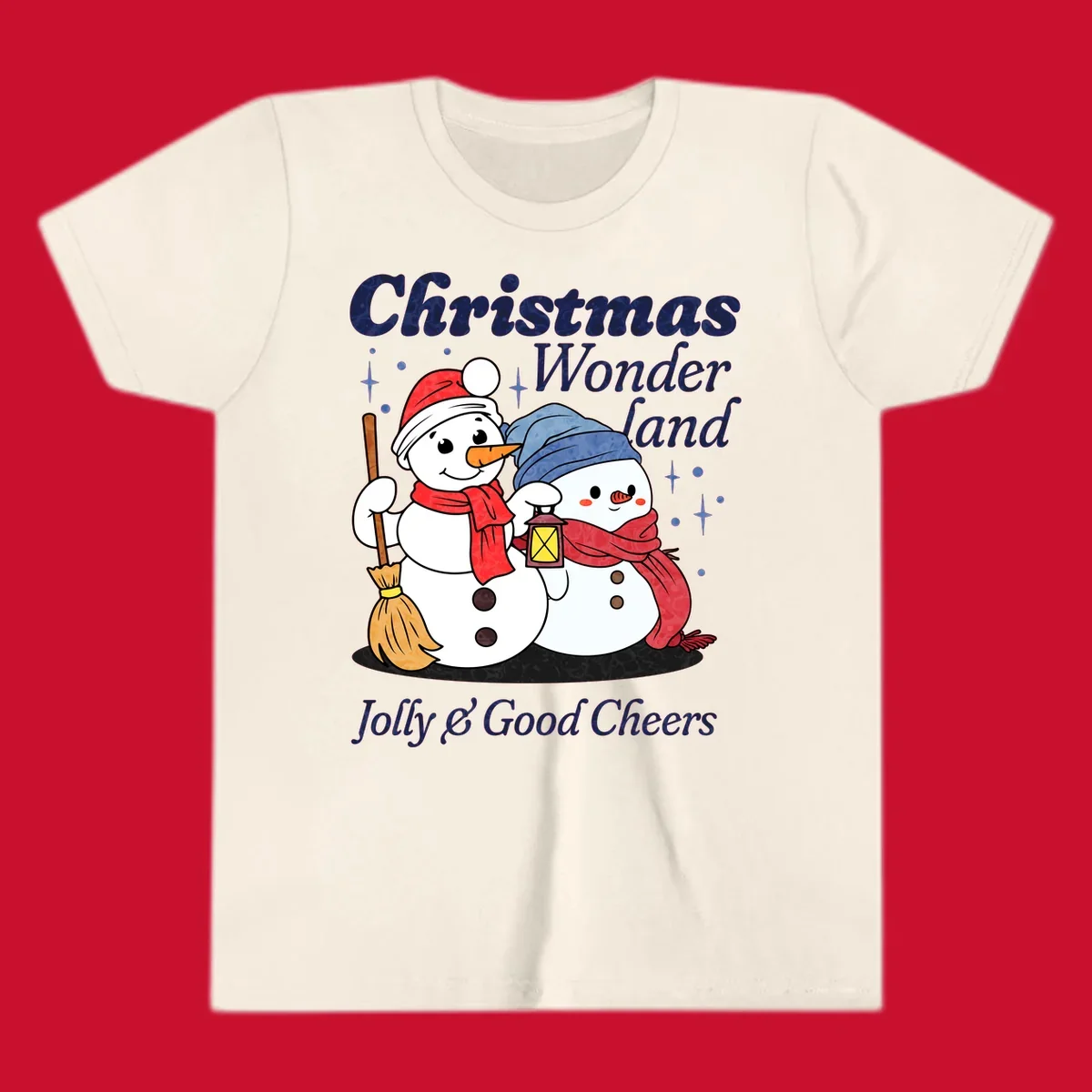Christmas Wonderland snowmen with lantern and broom, Jolly & Good Cheers text.
