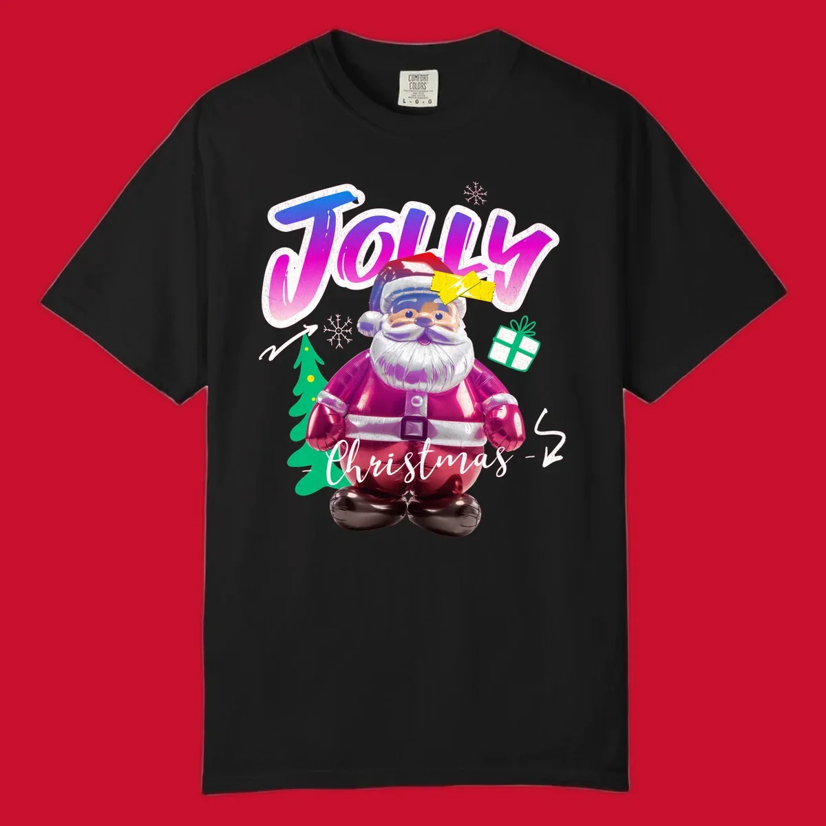 Jolly Christmas Santa balloon graphic with text, tree, gift, and snowflakes.