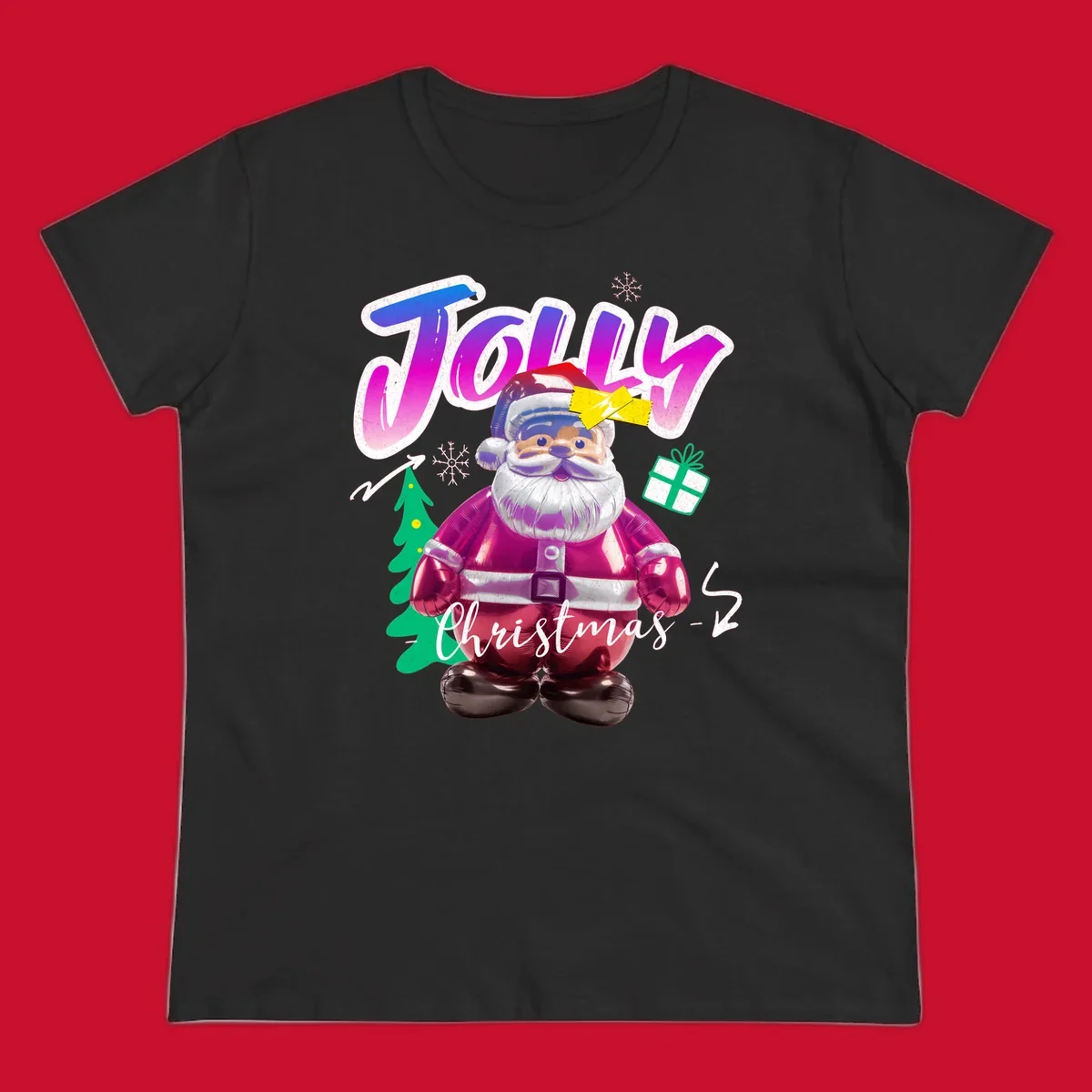 Jolly Christmas Santa balloon graphic with text, tree, gift, and snowflakes.