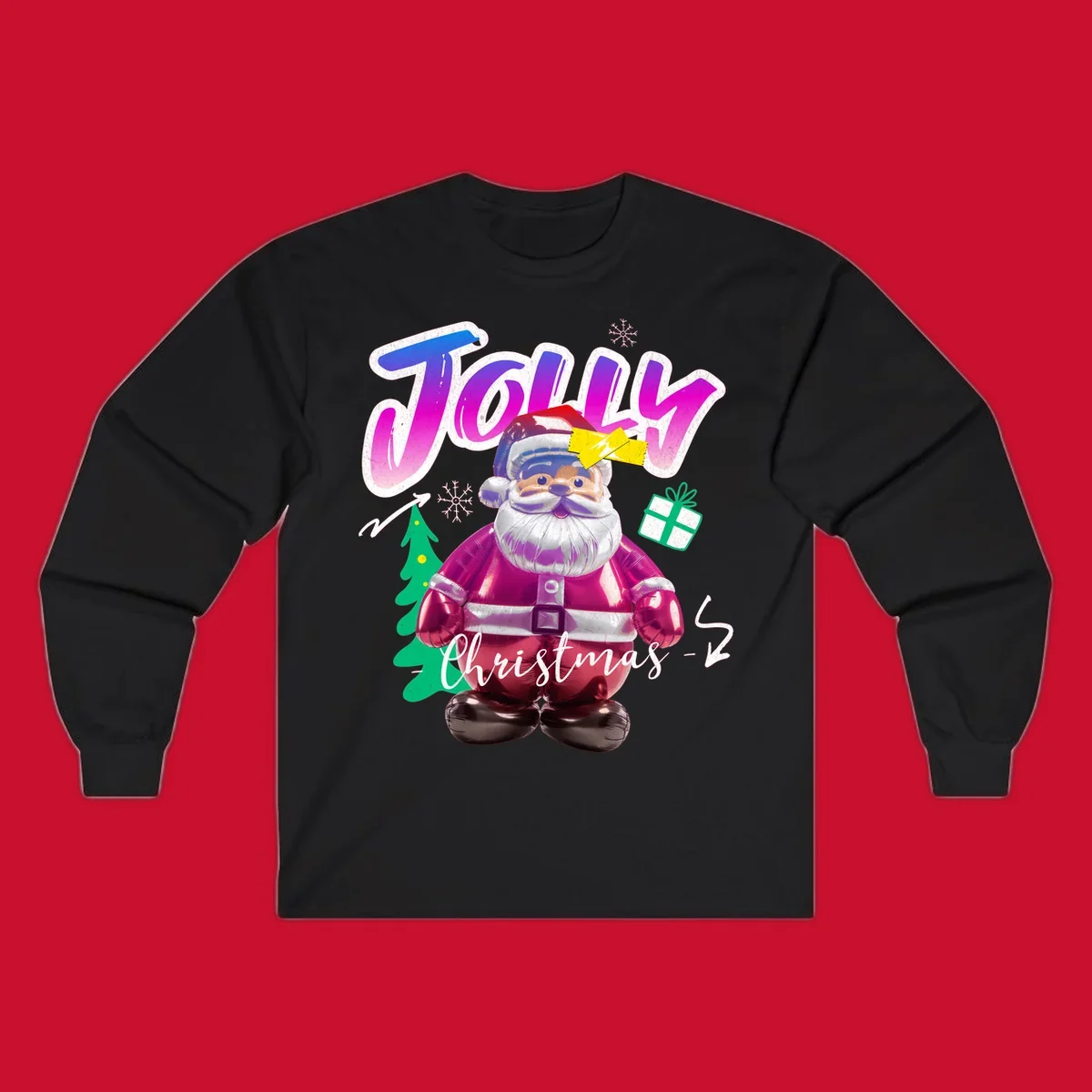 Jolly Christmas Santa balloon graphic with text, tree, gift, and snowflakes.