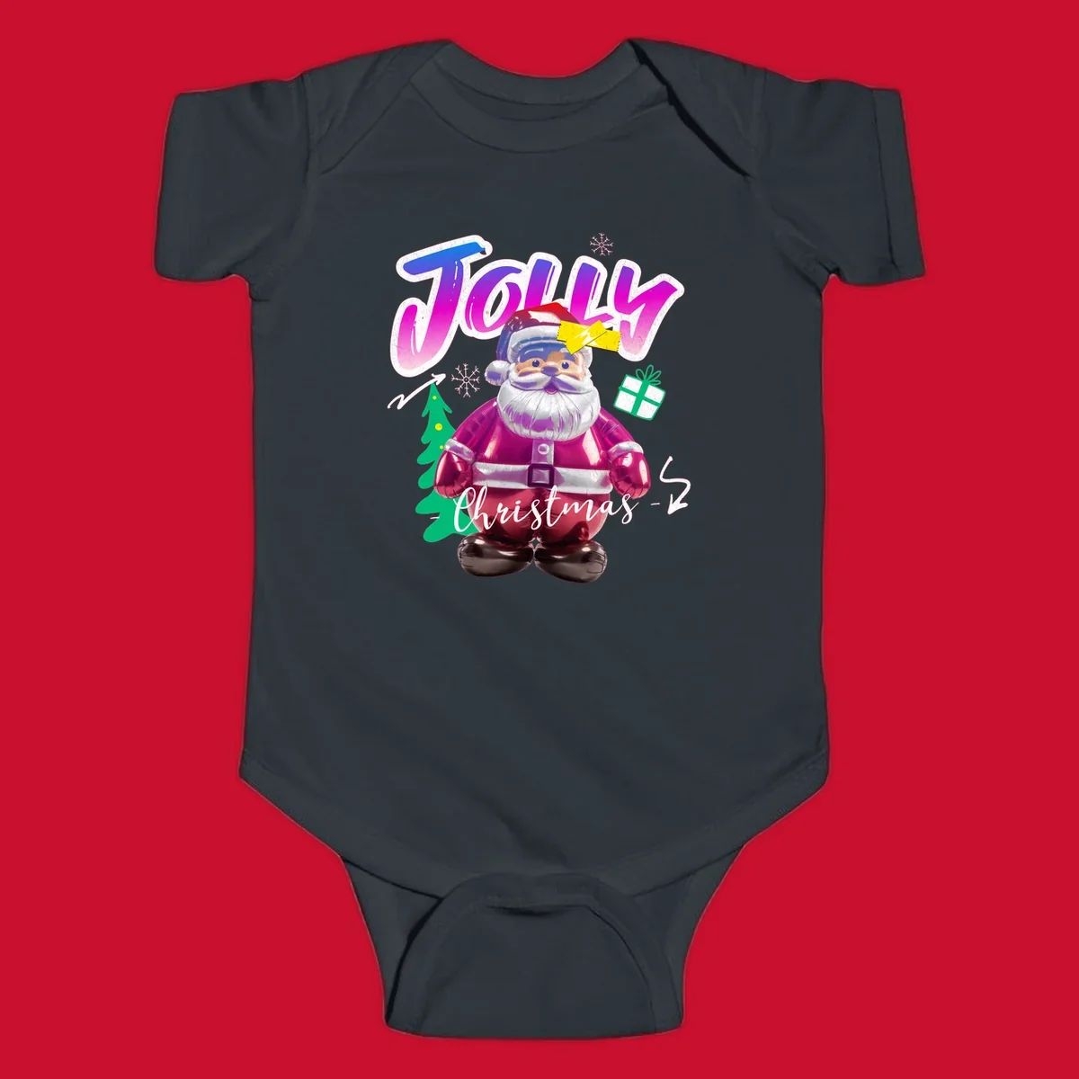 Jolly Christmas Santa balloon graphic with text, tree, gift, and snowflakes.