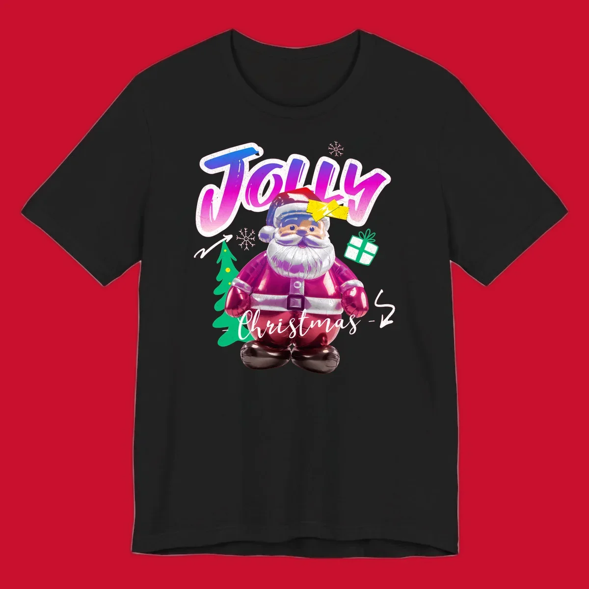 Jolly Christmas Santa balloon graphic with text, tree, gift, and snowflakes.