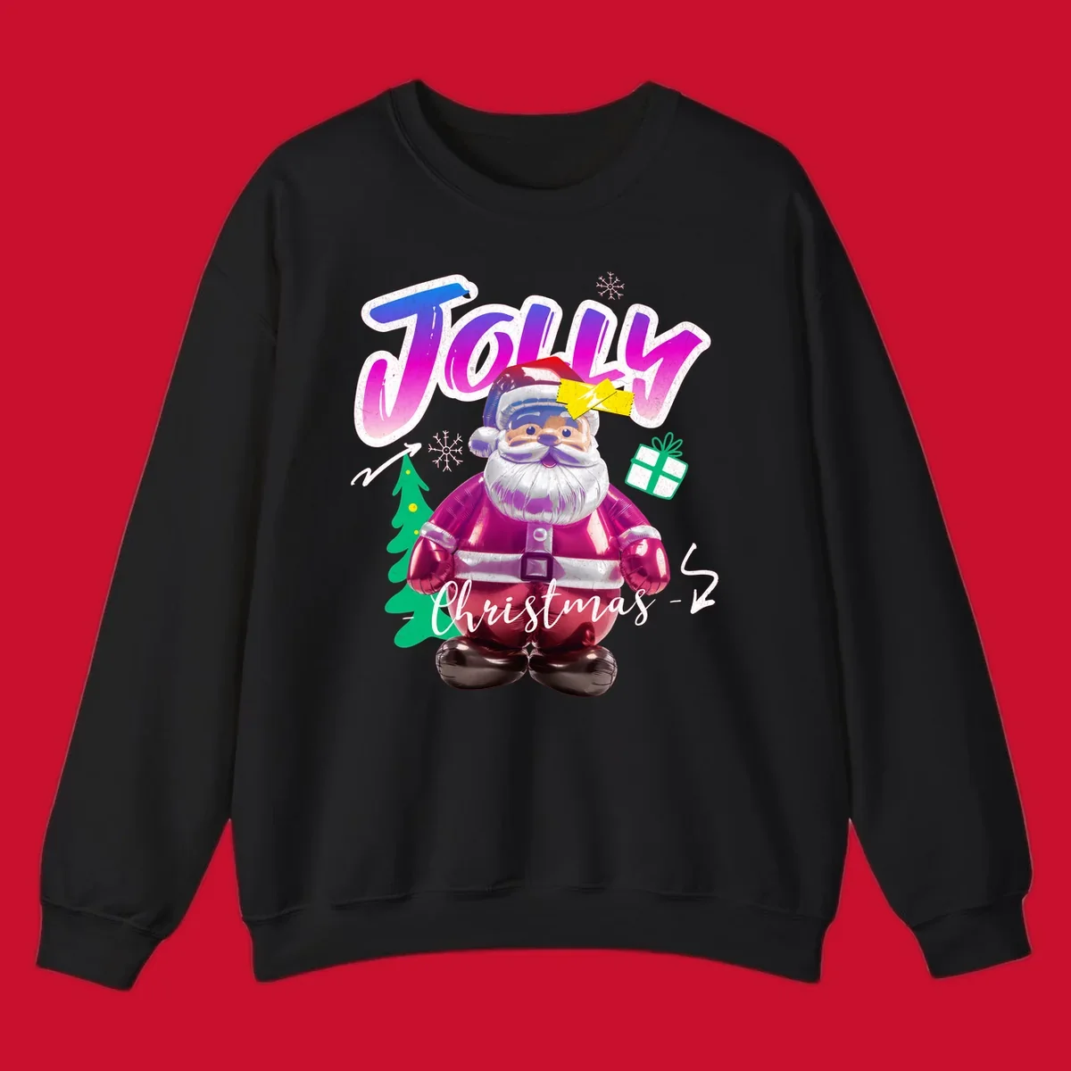 Jolly Christmas Santa balloon graphic with text, tree, gift, and snowflakes.