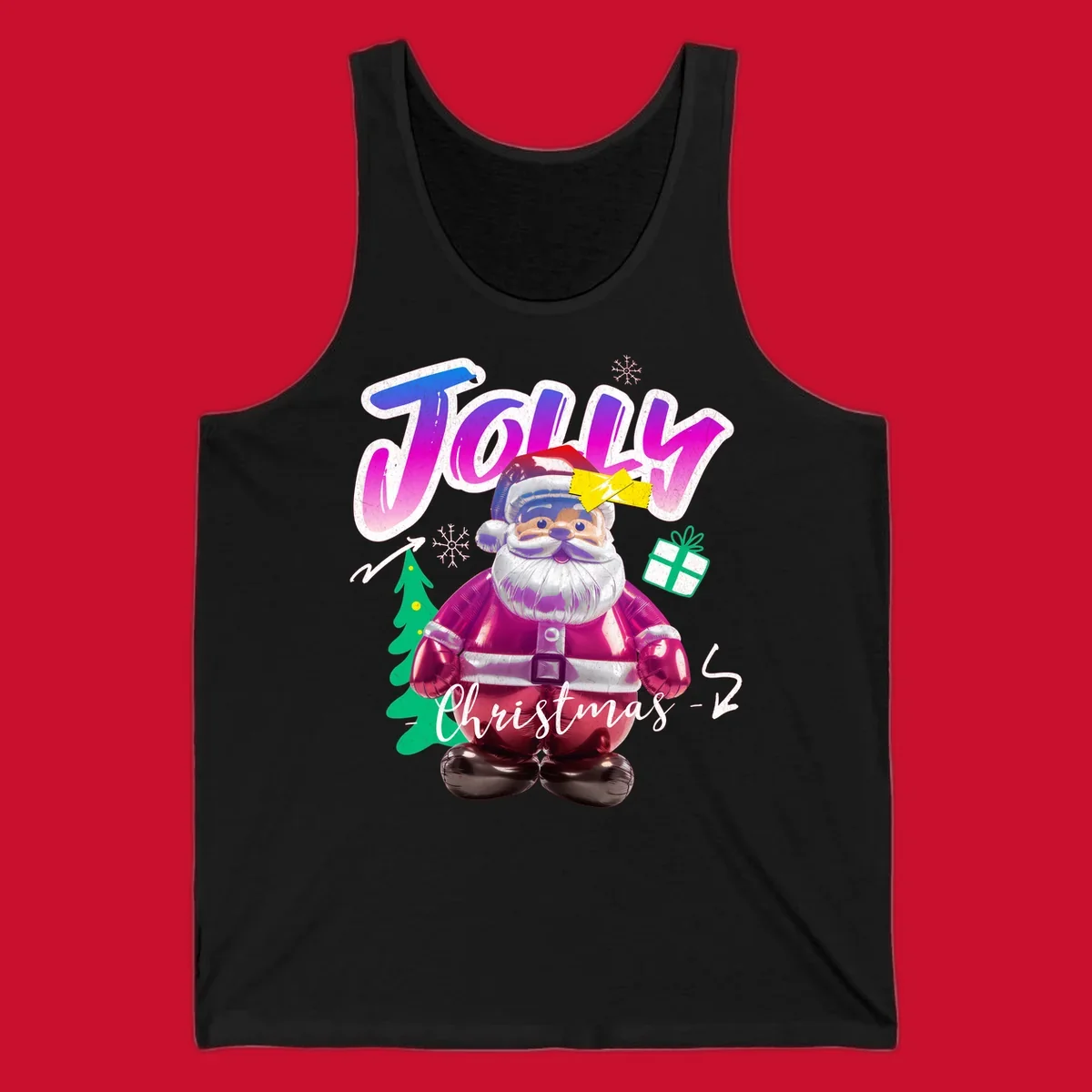 Jolly Christmas Santa balloon graphic with text, tree, gift, and snowflakes.