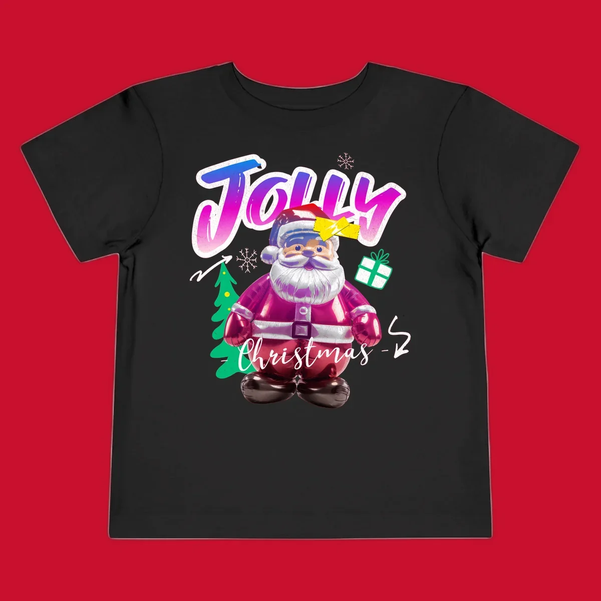 Jolly Christmas Santa balloon graphic with text, tree, gift, and snowflakes.