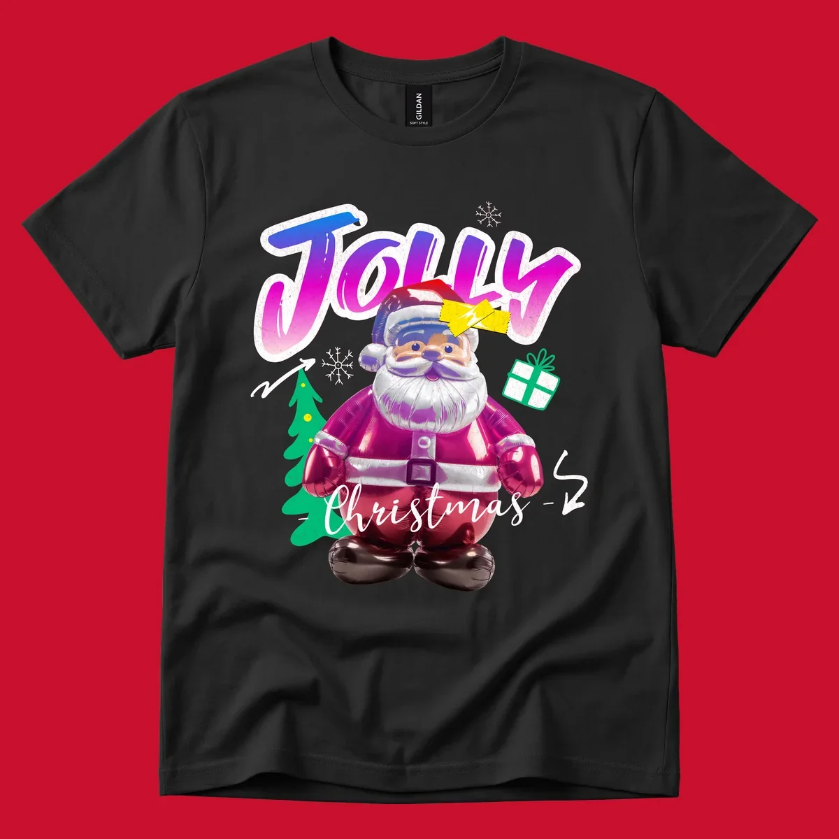 Jolly Christmas Santa balloon graphic with text, tree, gift, and snowflakes.