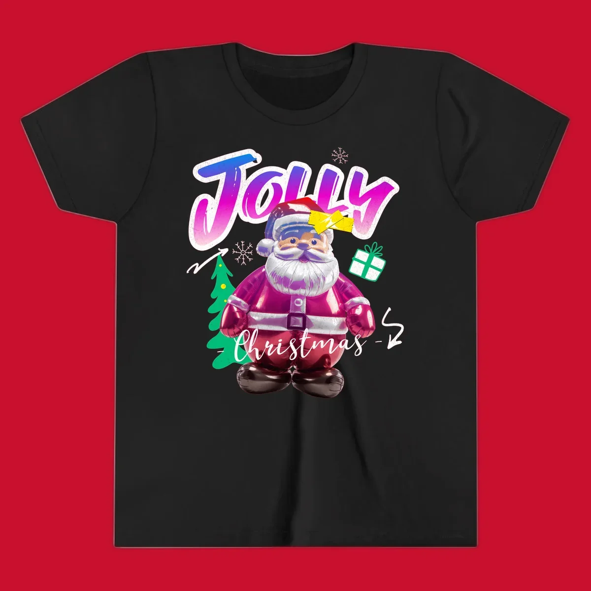 Jolly Christmas Santa balloon graphic with text, tree, gift, and snowflakes.