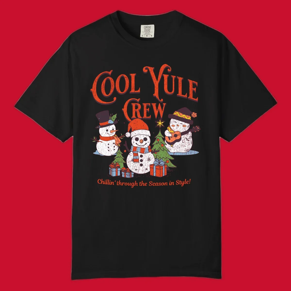 Cool Yule Crew snowmen with guitars and gifts, celebrating the holiday season.
