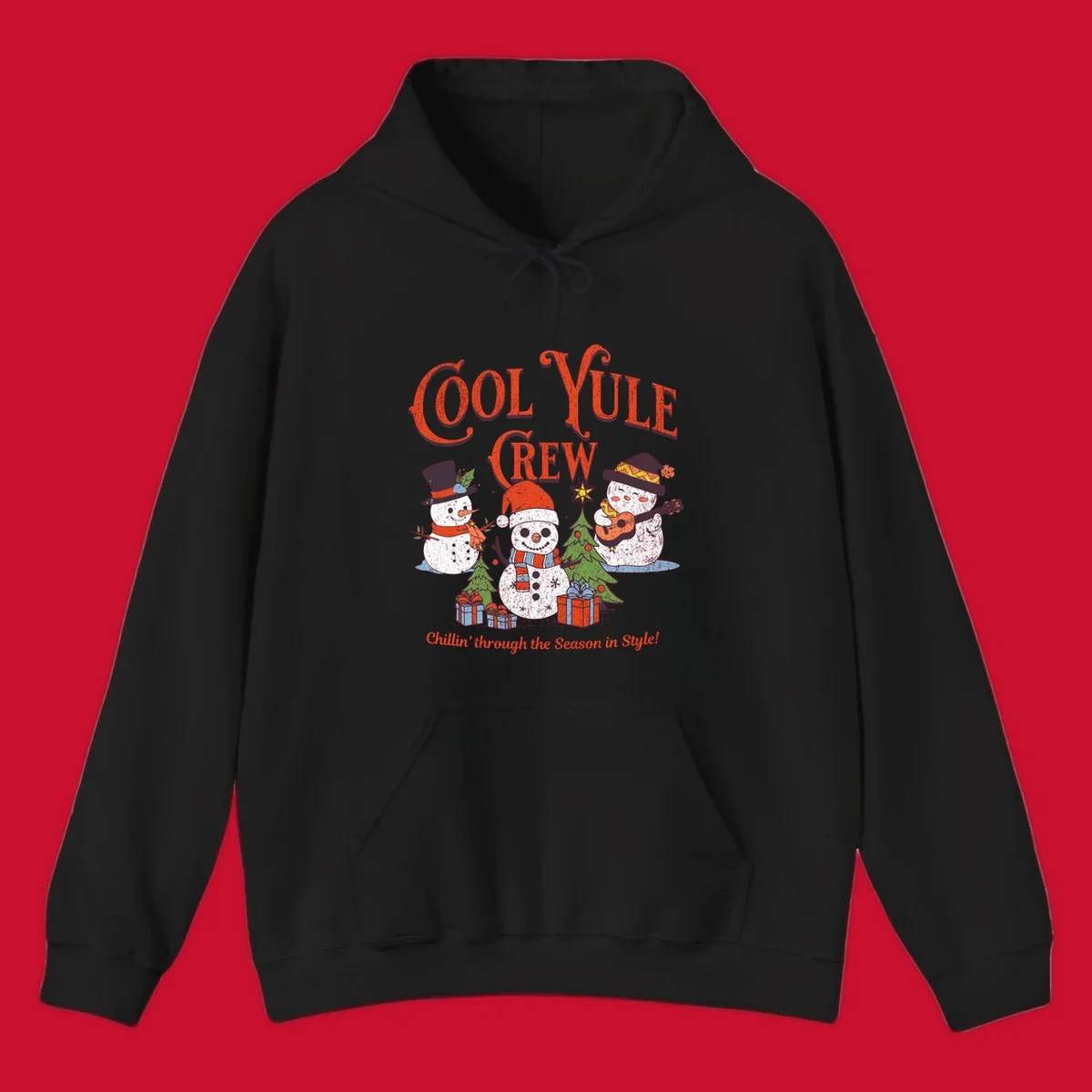 Cool Yule Crew snowmen with guitars and gifts, celebrating the holiday season.