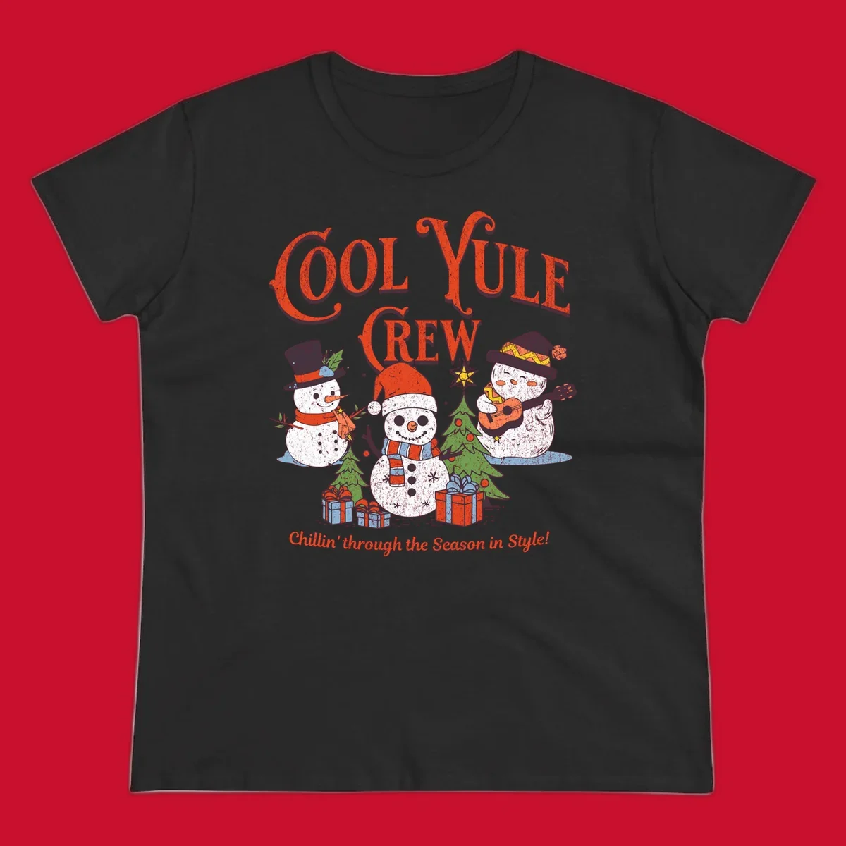 Cool Yule Crew snowmen with guitars and gifts, celebrating the holiday season.