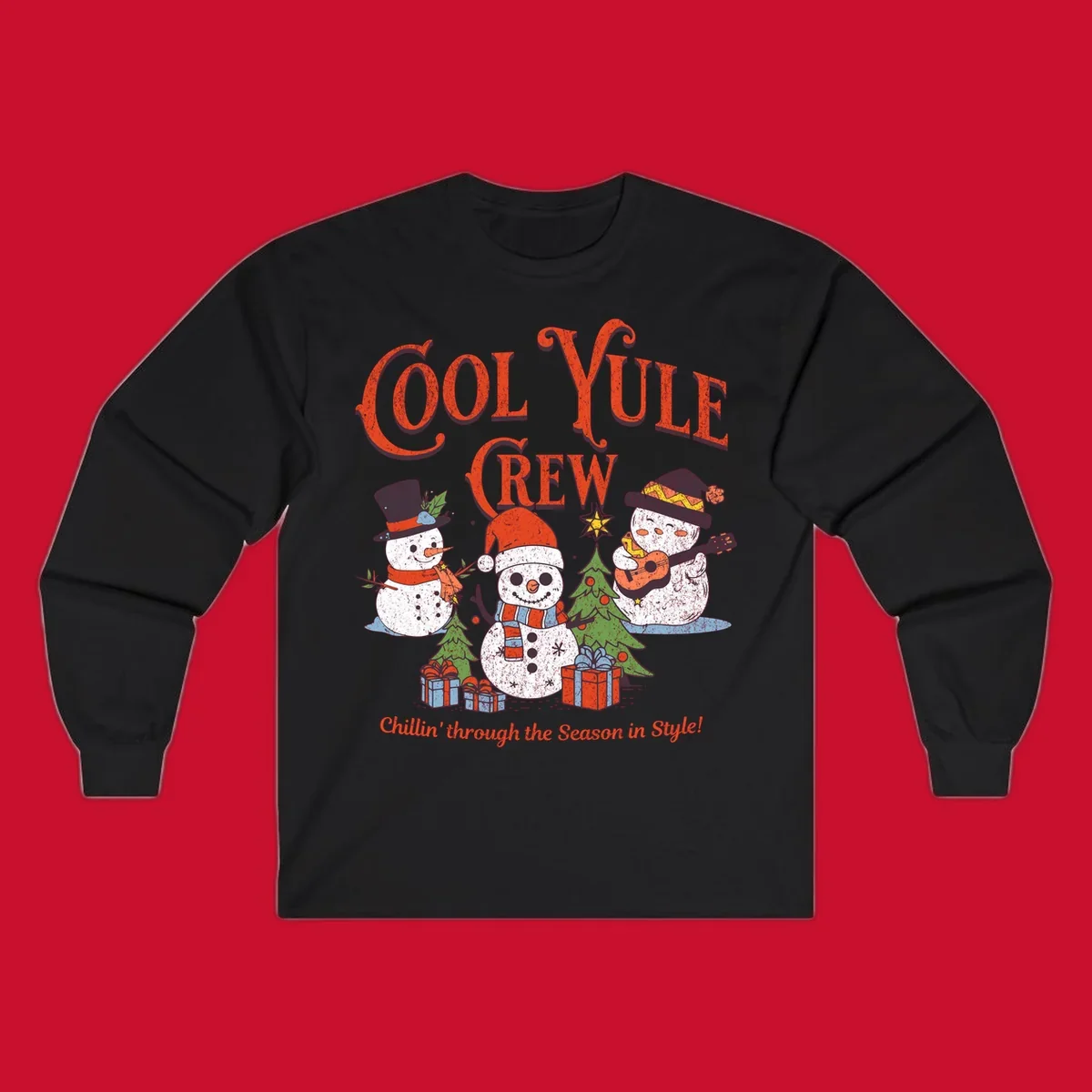 Cool Yule Crew snowmen with guitars and gifts, celebrating the holiday season.
