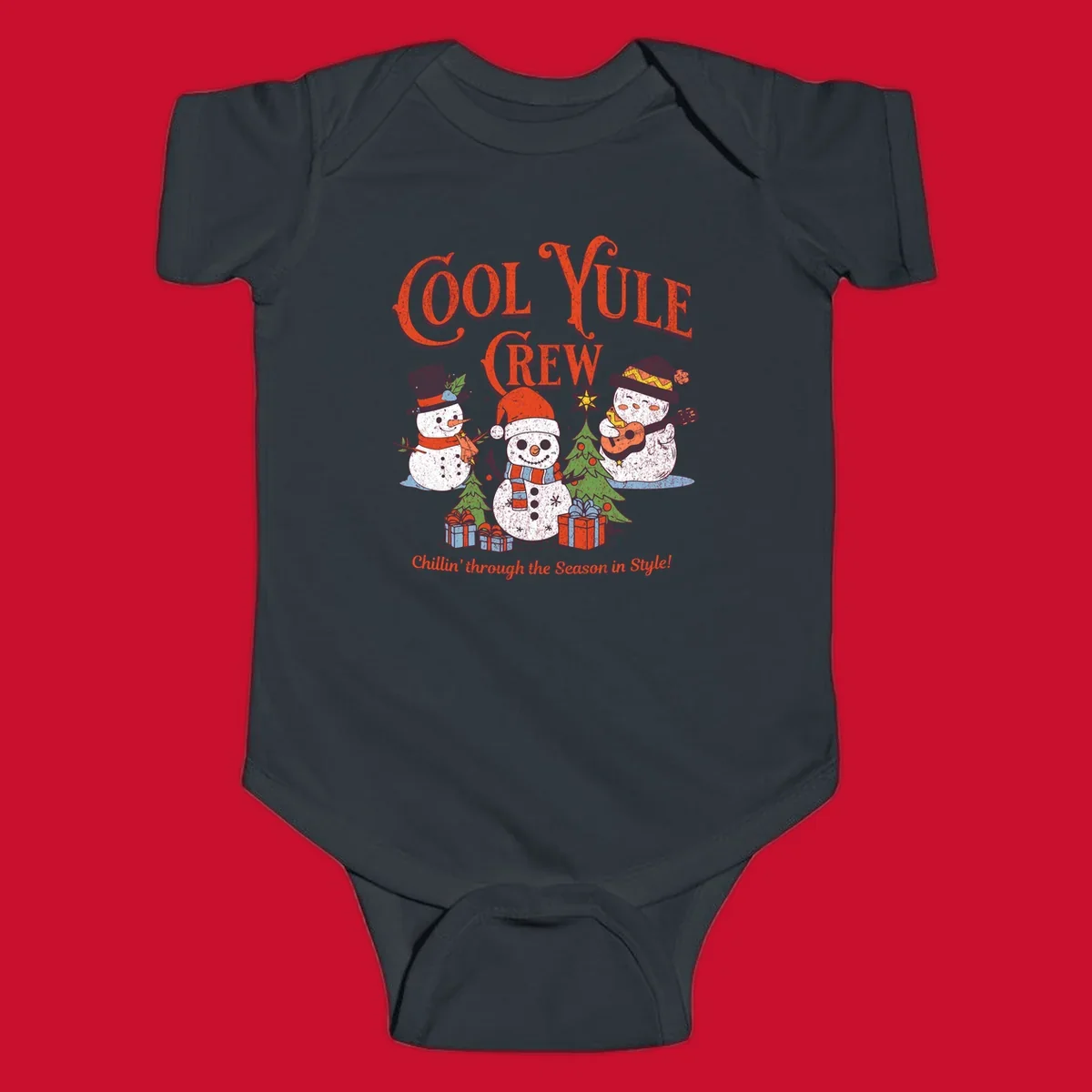 Cool Yule Crew snowmen with guitars and gifts, celebrating the holiday season.