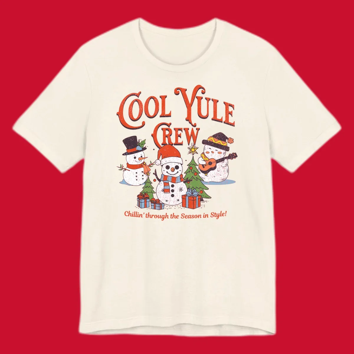 Cool Yule Crew snowmen with guitars and gifts, celebrating the holiday season.
