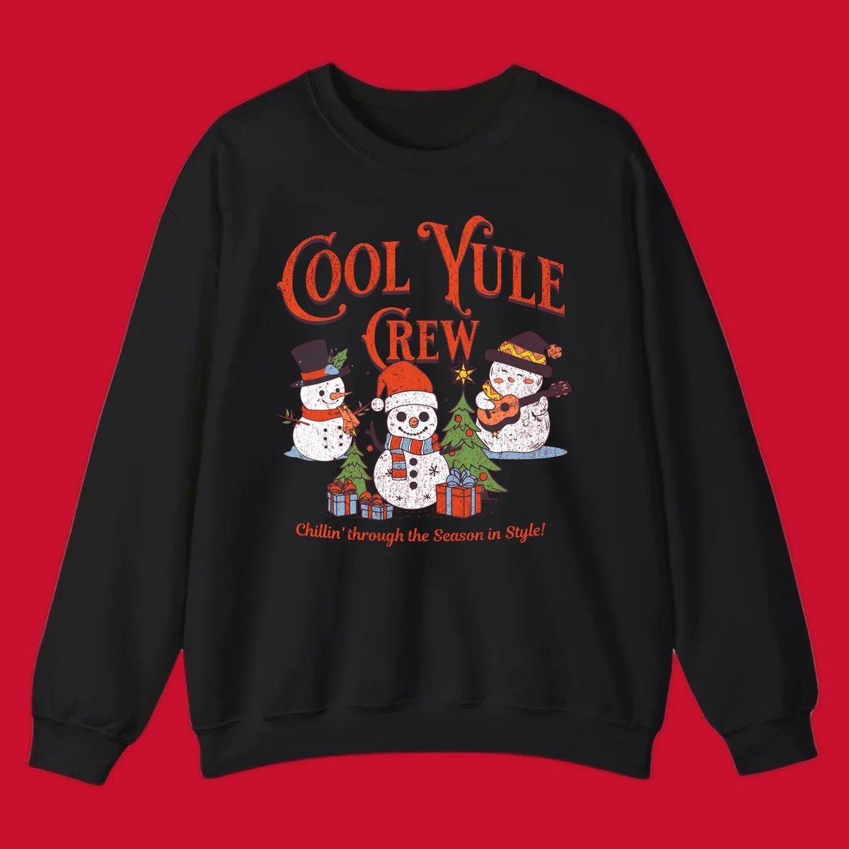 Cool Yule Crew snowmen with guitars and gifts, celebrating the holiday season.