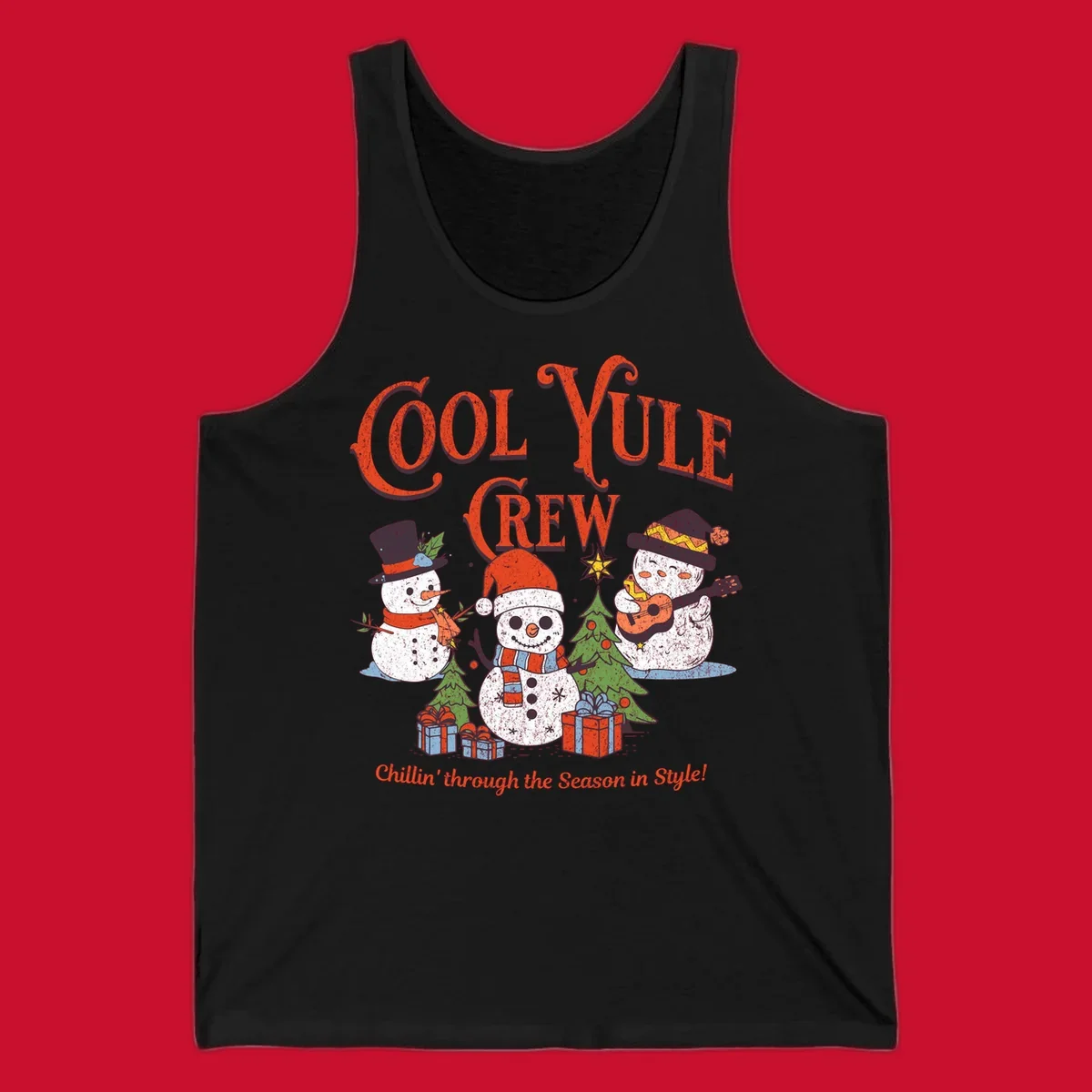 Cool Yule Crew snowmen with guitars and gifts, celebrating the holiday season.