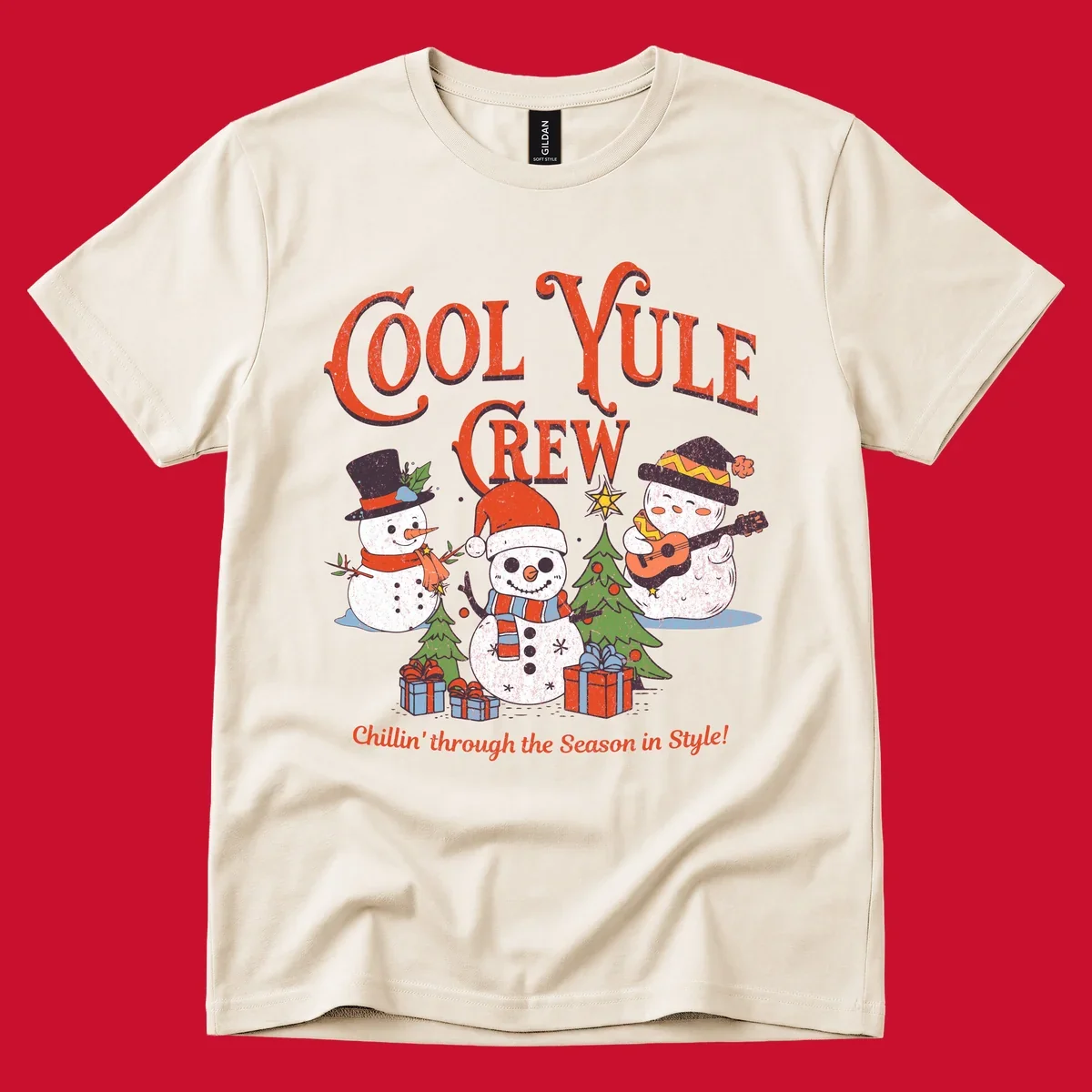 Cool Yule Crew snowmen with guitars and gifts, celebrating the holiday season.