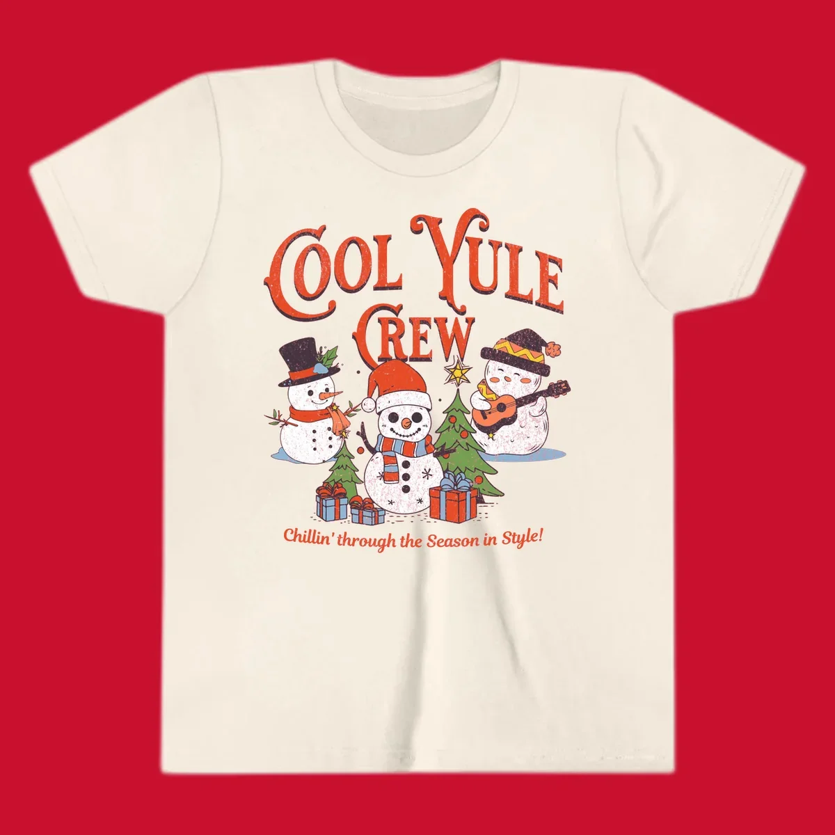 Cool Yule Crew snowmen with guitars and gifts, celebrating the holiday season.