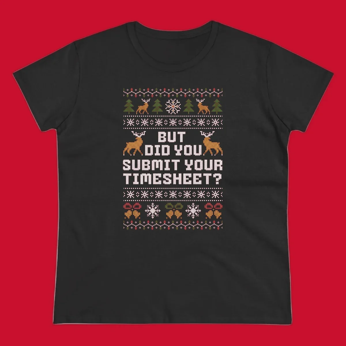 Ugly Christmas sweater with text 'But Did You Submit Your Timesheet?' and holiday graphics.