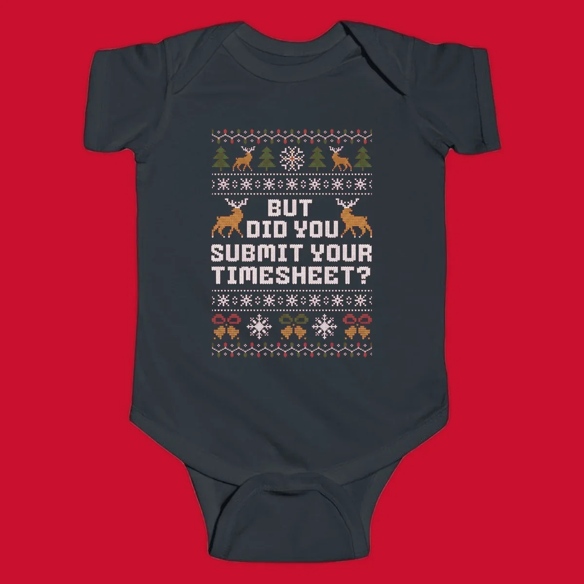 Ugly Christmas sweater with text 'But Did You Submit Your Timesheet?' and holiday graphics.