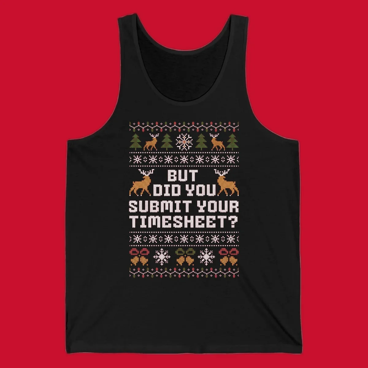 Ugly Christmas sweater with text 'But Did You Submit Your Timesheet?' and holiday graphics.