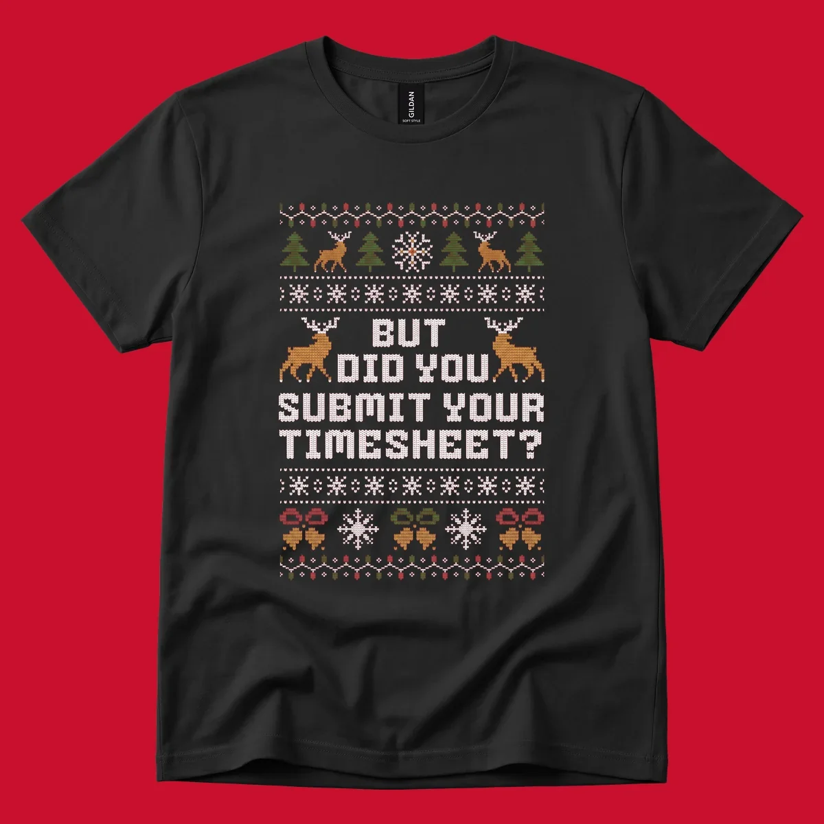 Ugly Christmas sweater with text 'But Did You Submit Your Timesheet?' and holiday graphics.