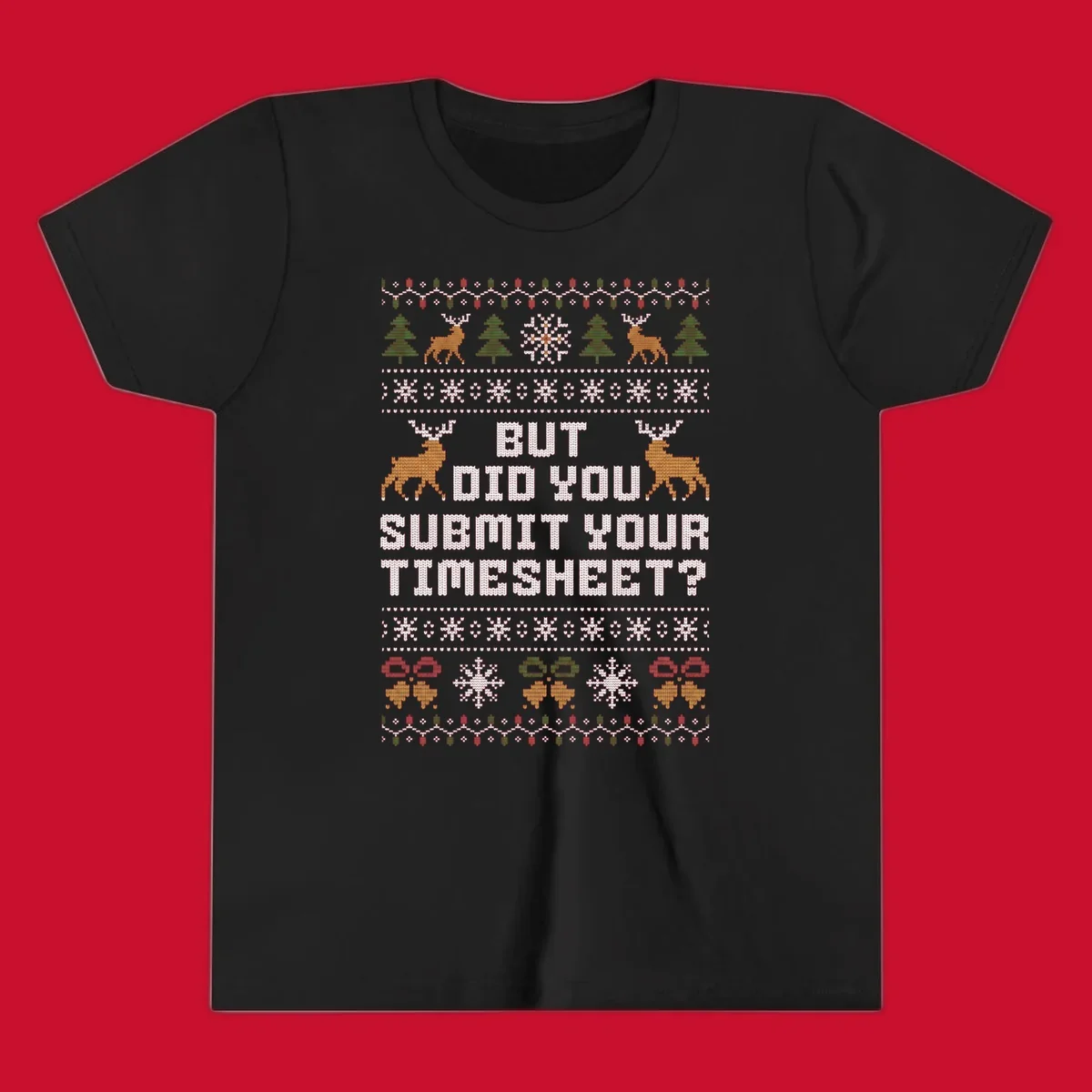 Ugly Christmas sweater with text 'But Did You Submit Your Timesheet?' and holiday graphics.