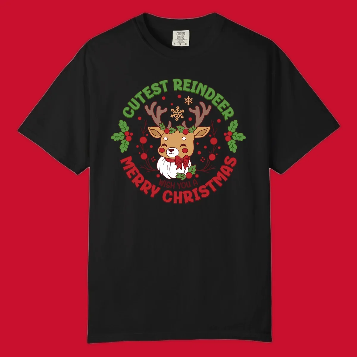 Illustration of a reindeer with holly and snowflakes, with text 'Cutest Reindeer Merry Christmas Wish You A'.
