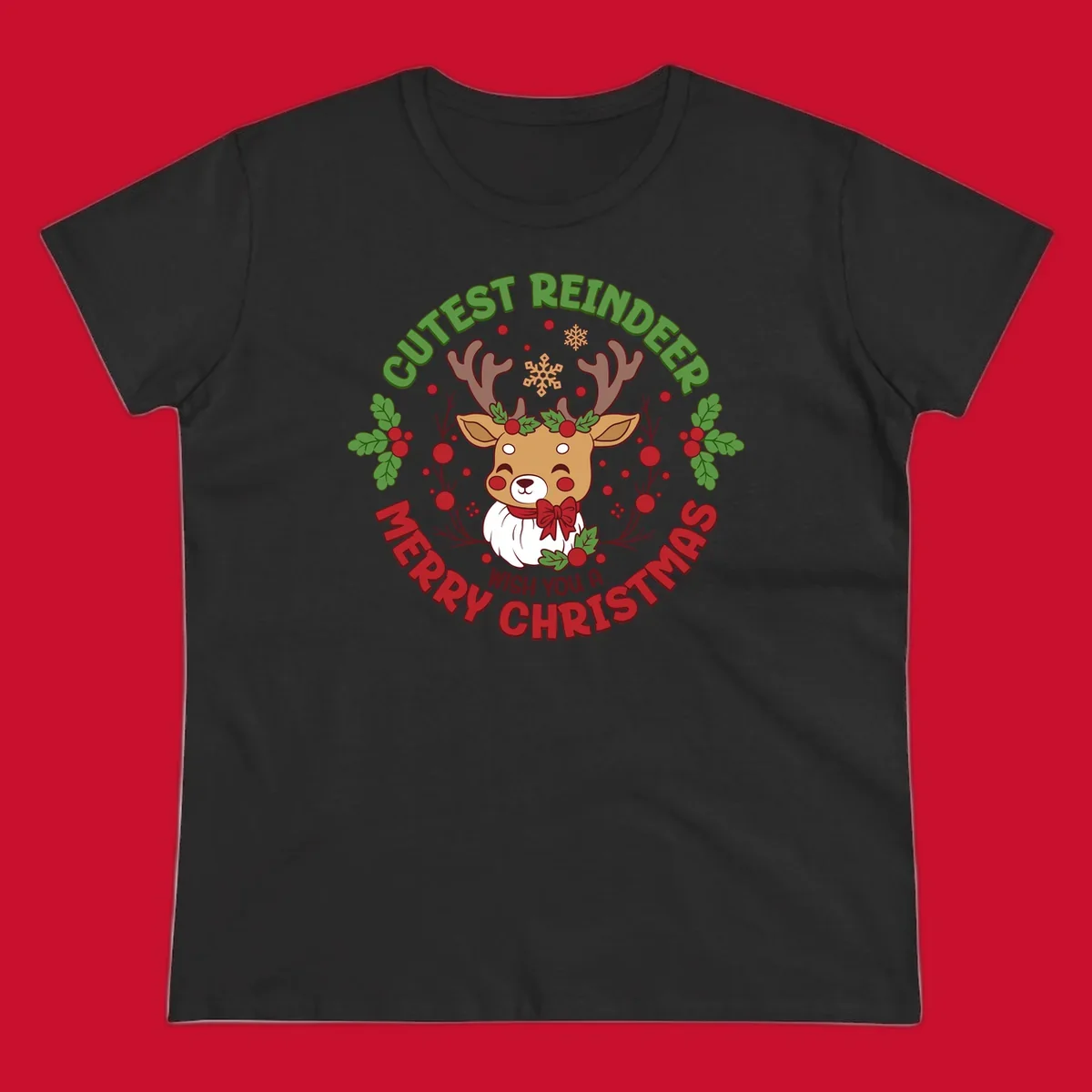 Illustration of a reindeer with holly and snowflakes, with text 'Cutest Reindeer Merry Christmas Wish You A'.