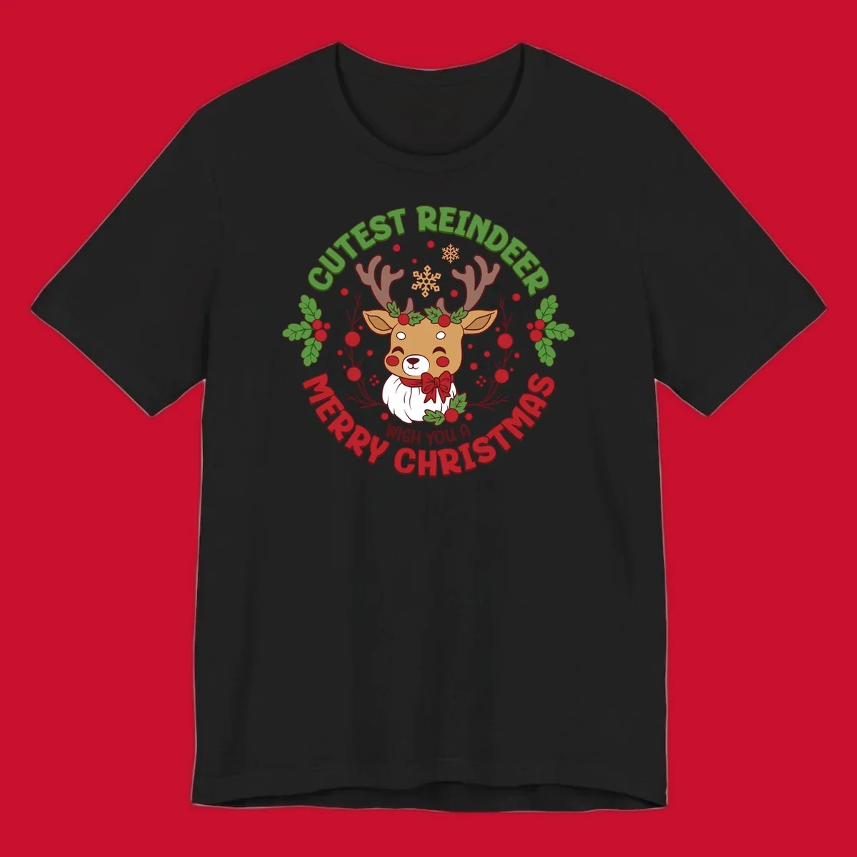 Illustration of a reindeer with holly and snowflakes, with text 'Cutest Reindeer Merry Christmas Wish You A'.