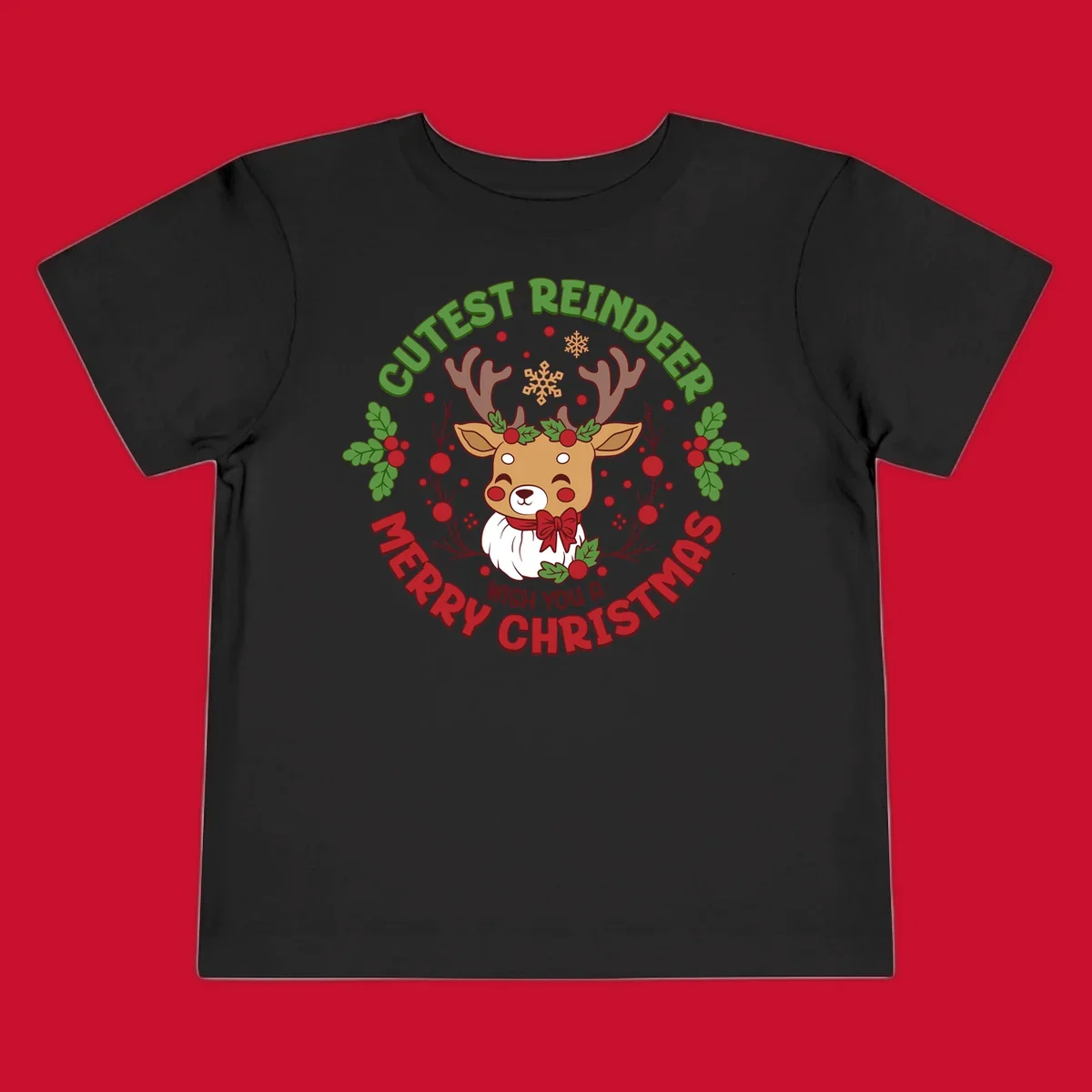 Illustration of a reindeer with holly and snowflakes, with text 'Cutest Reindeer Merry Christmas Wish You A'.