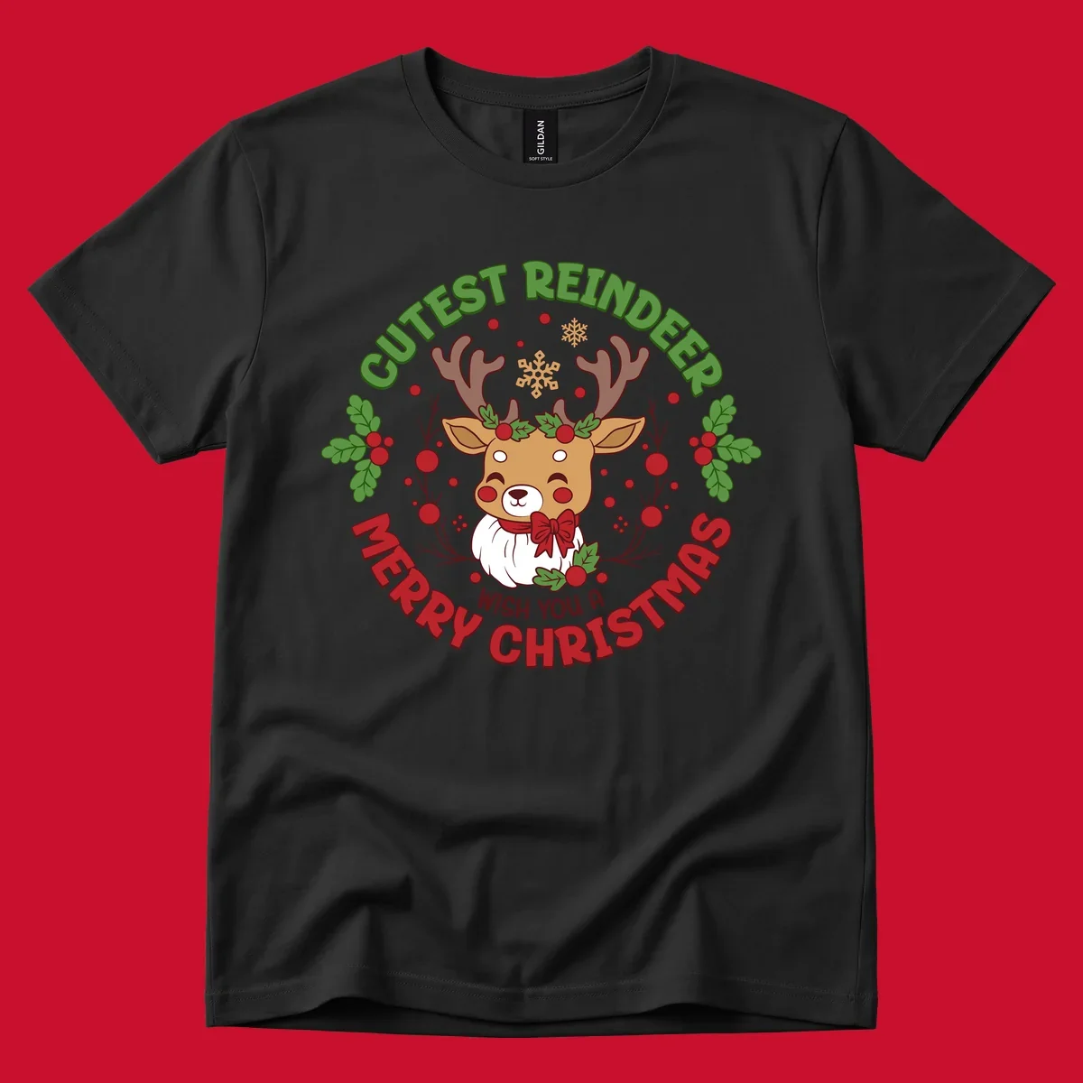 Illustration of a reindeer with holly and snowflakes, with text 'Cutest Reindeer Merry Christmas Wish You A'.