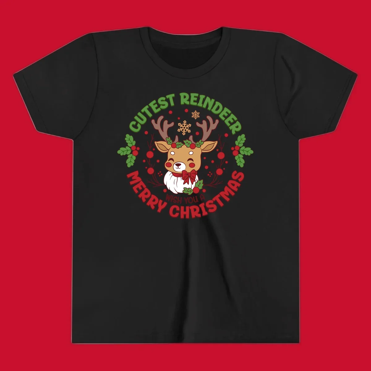 Illustration of a reindeer with holly and snowflakes, with text 'Cutest Reindeer Merry Christmas Wish You A'.