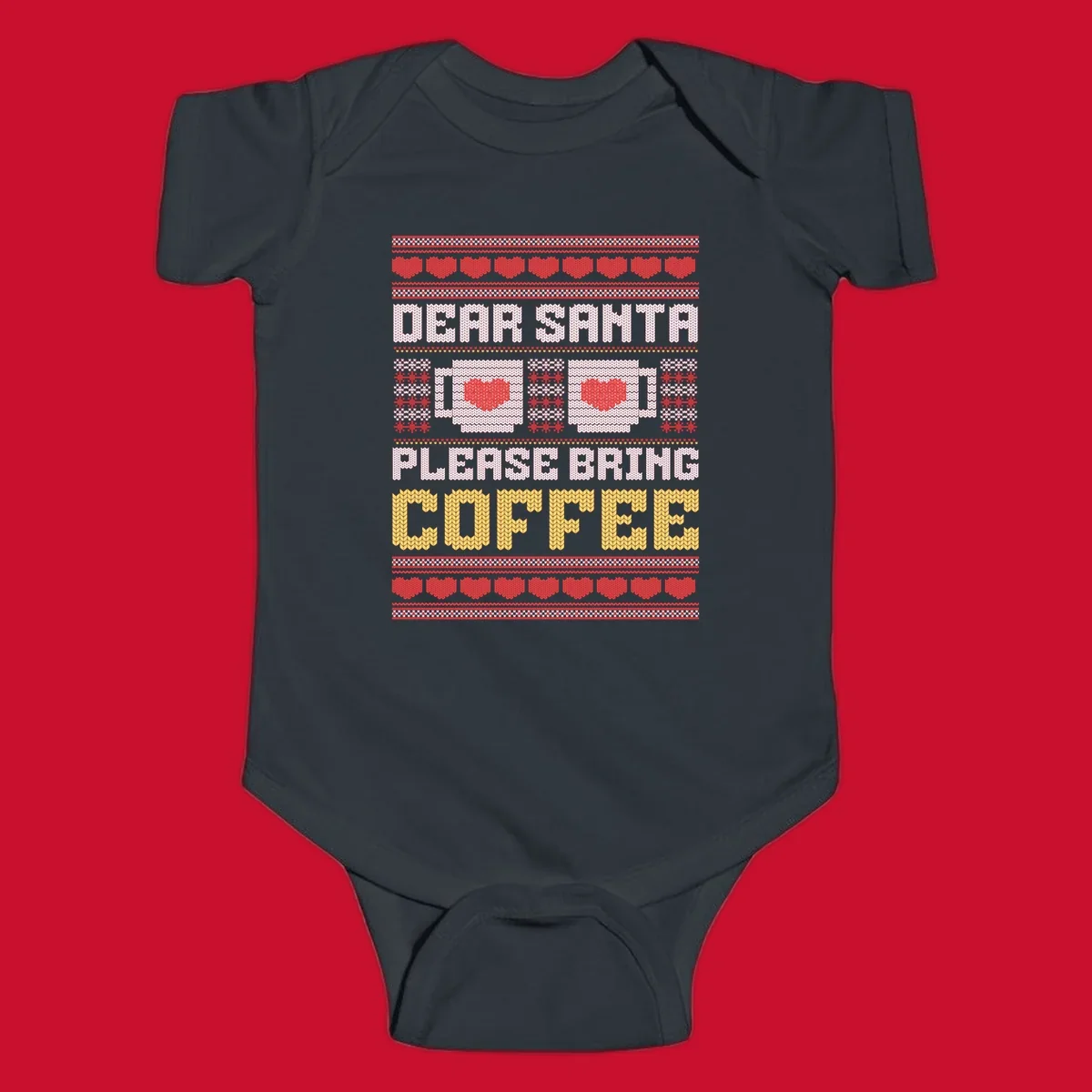 Ugly Christmas sweater design with text 'Dear Santa Please Bring Coffee' and coffee cups with hearts.