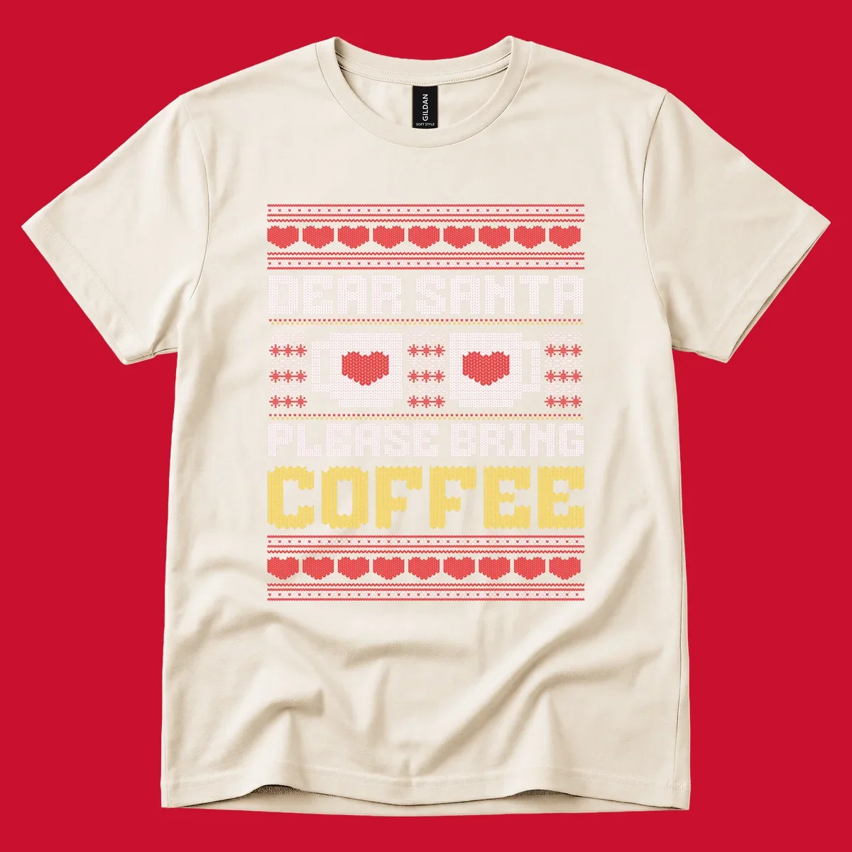 Ugly Christmas sweater design with text 'Dear Santa Please Bring Coffee' and coffee cups with hearts.