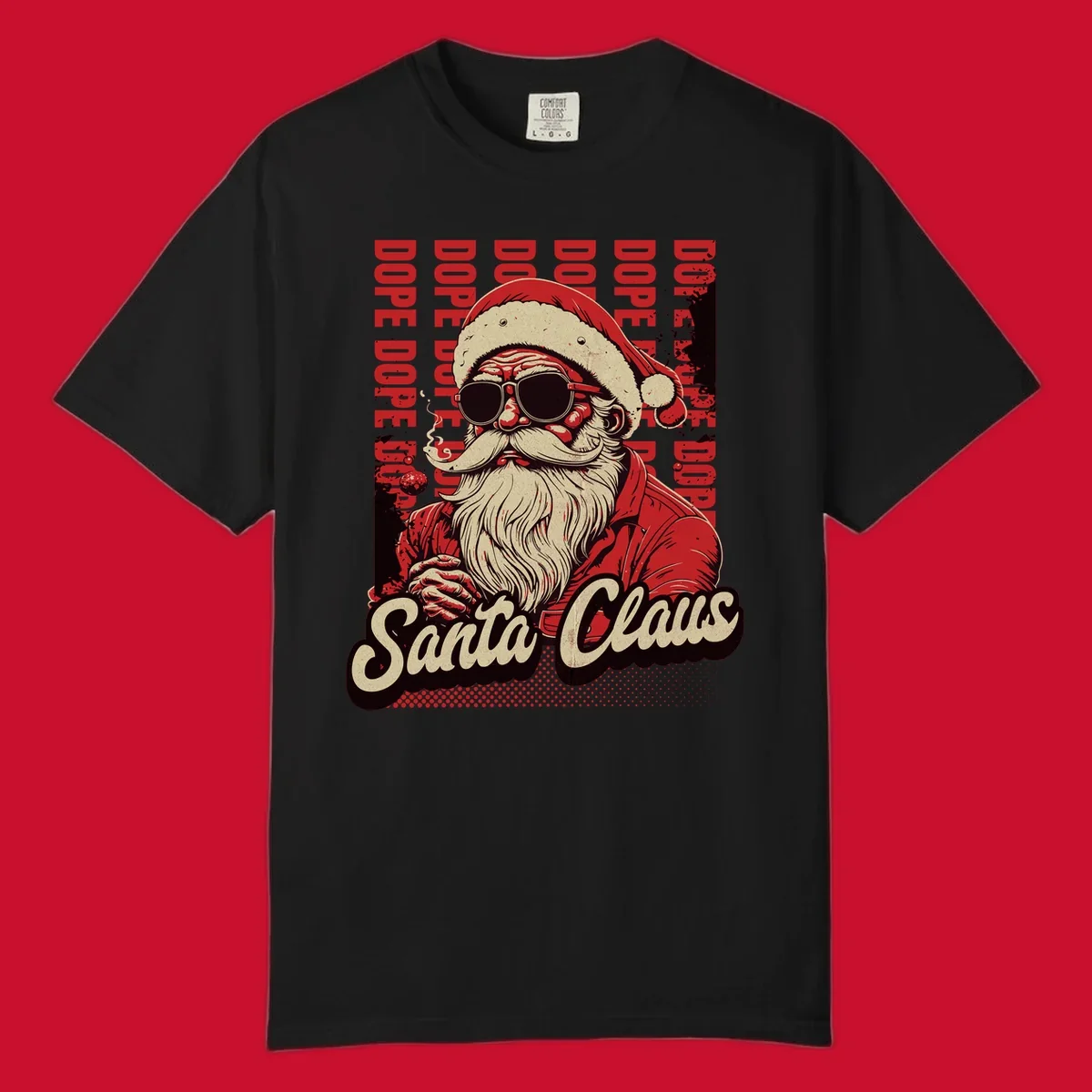 Dope Santa Claus illustration with sunglasses and smoking, text elements, on a dark background.
