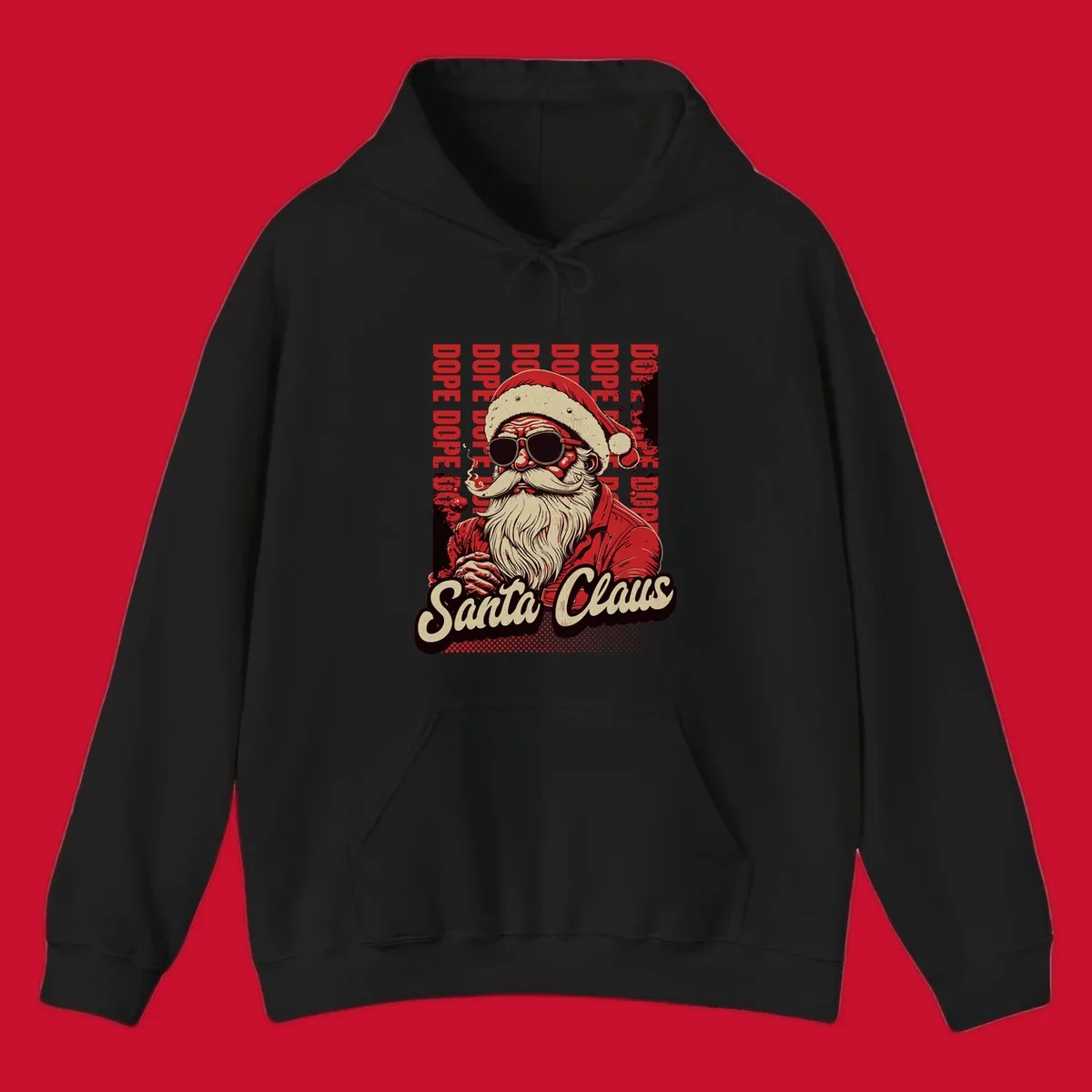Dope Santa Claus illustration with sunglasses and smoking, text elements, on a dark background.