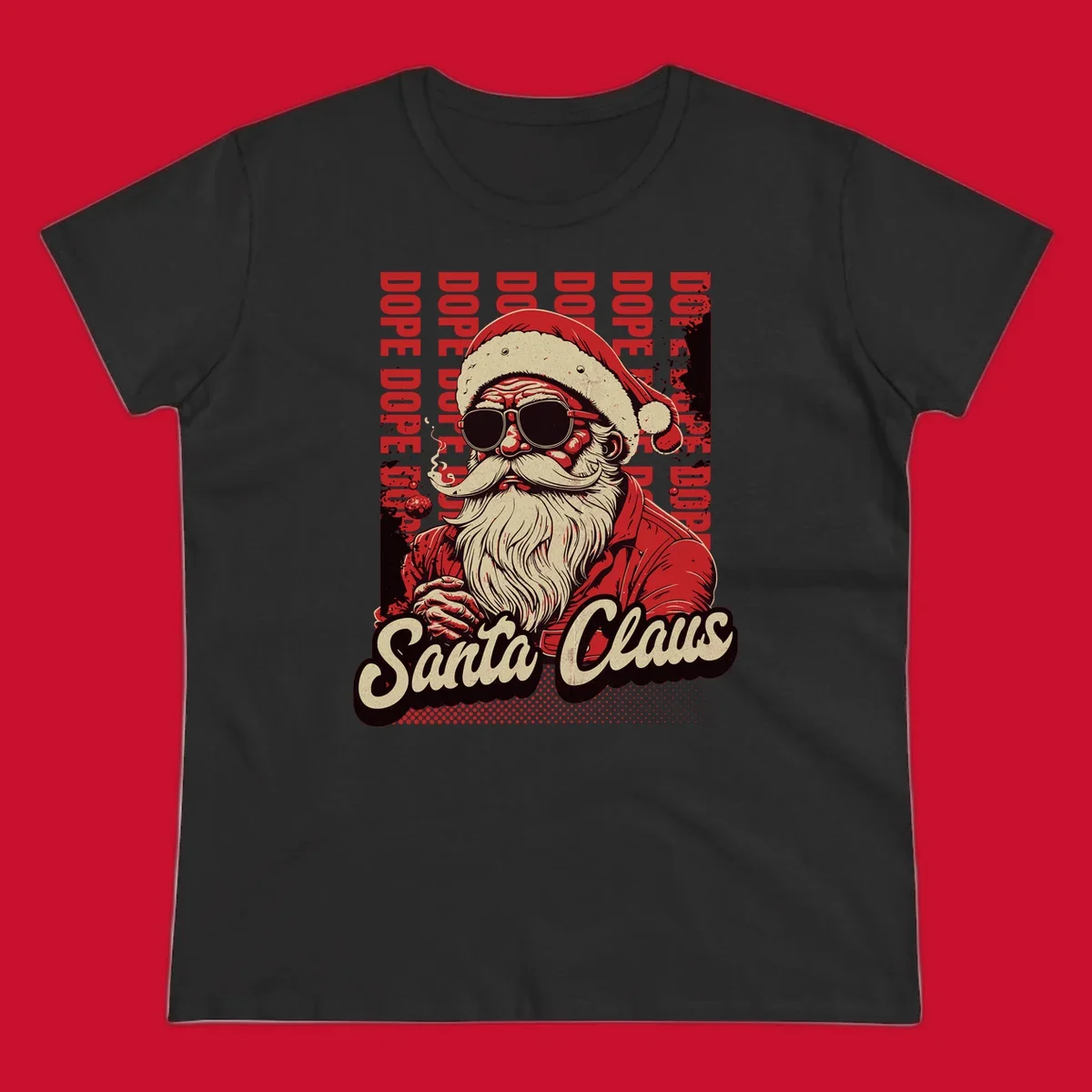 Dope Santa Claus illustration with sunglasses and smoking, text elements, on a dark background.