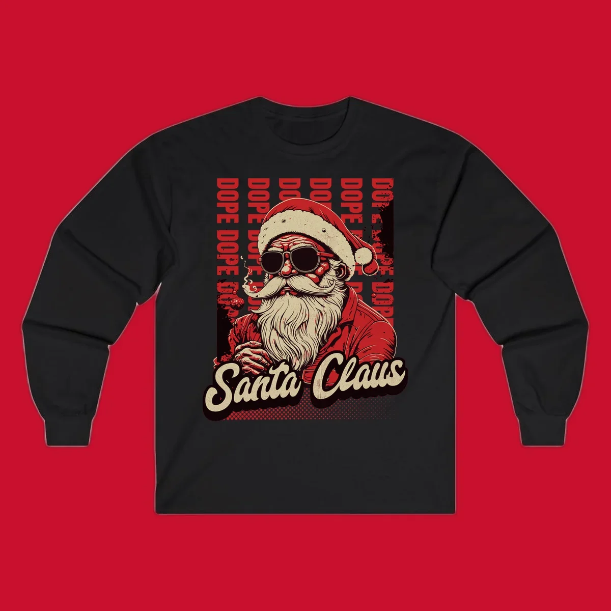 Dope Santa Claus illustration with sunglasses and smoking, text elements, on a dark background.
