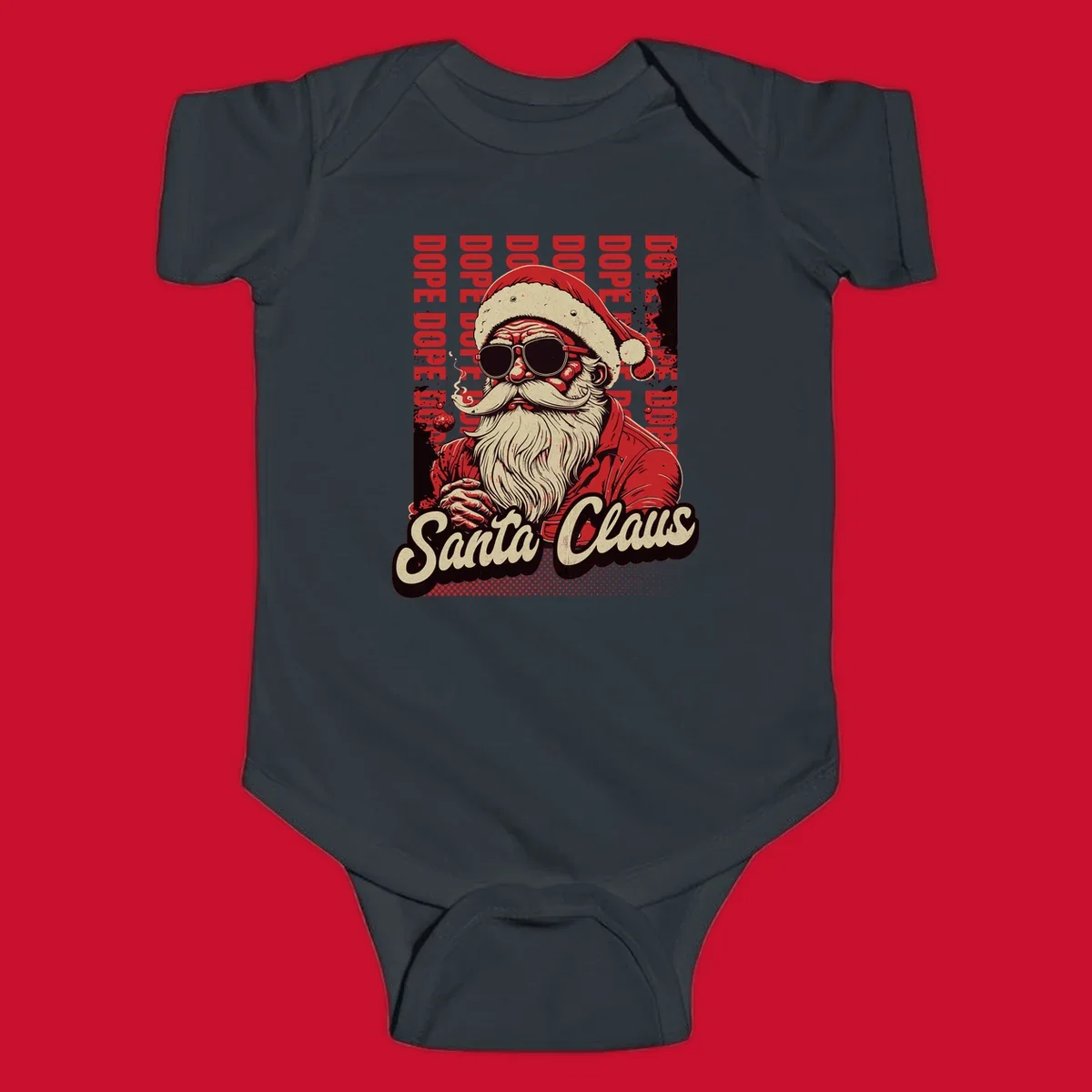 Dope Santa Claus illustration with sunglasses and smoking, text elements, on a dark background.