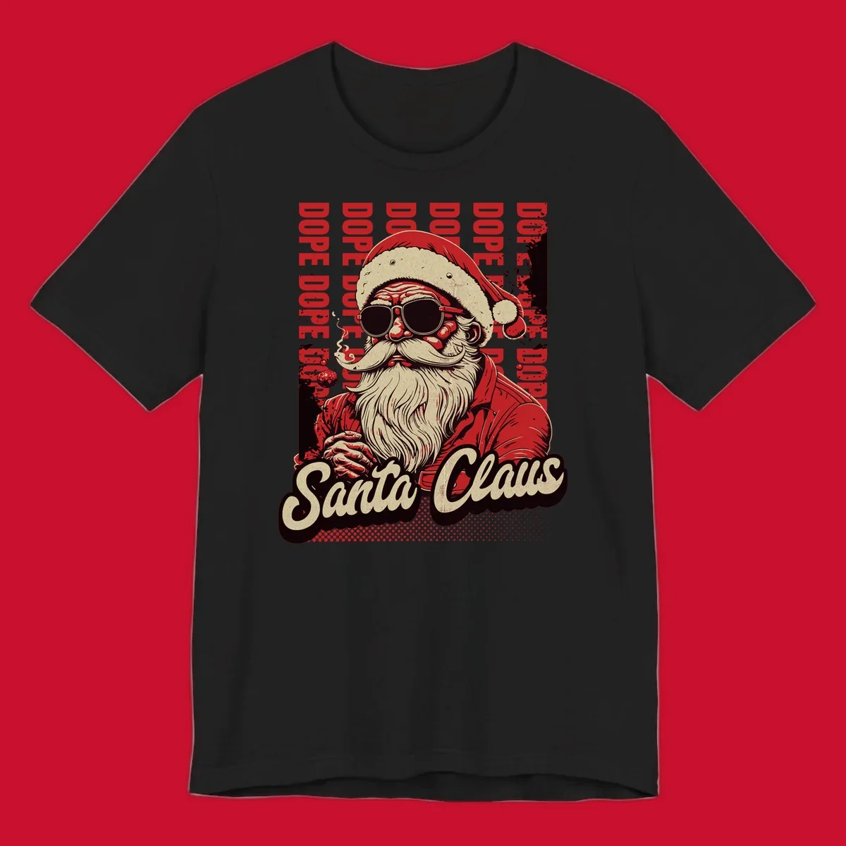 Dope Santa Claus illustration with sunglasses and smoking, text elements, on a dark background.