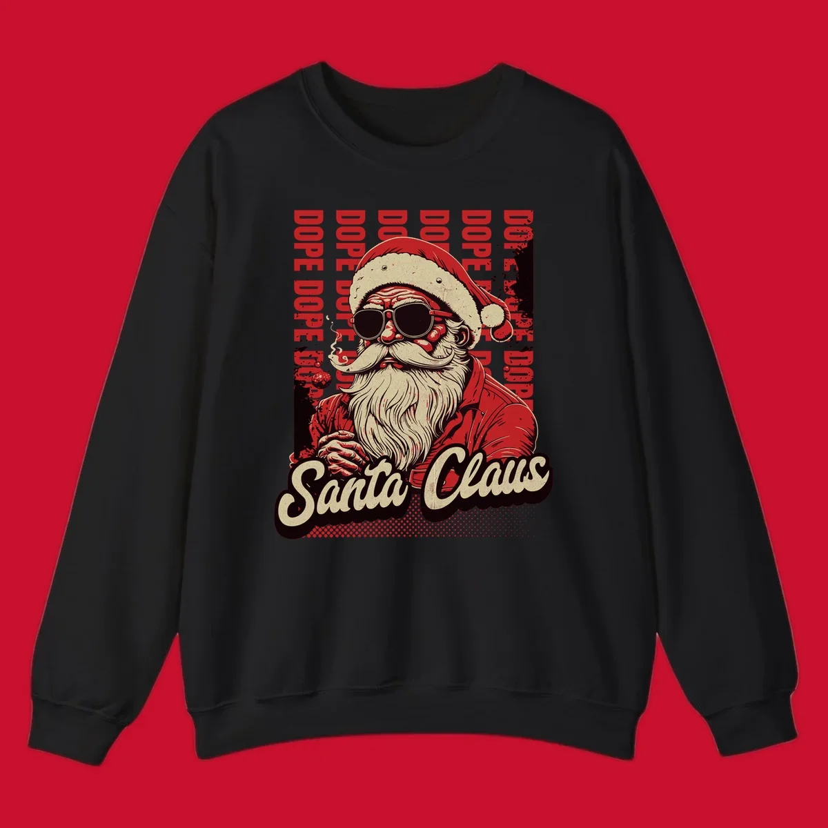 Dope Santa Claus illustration with sunglasses and smoking, text elements, on a dark background.