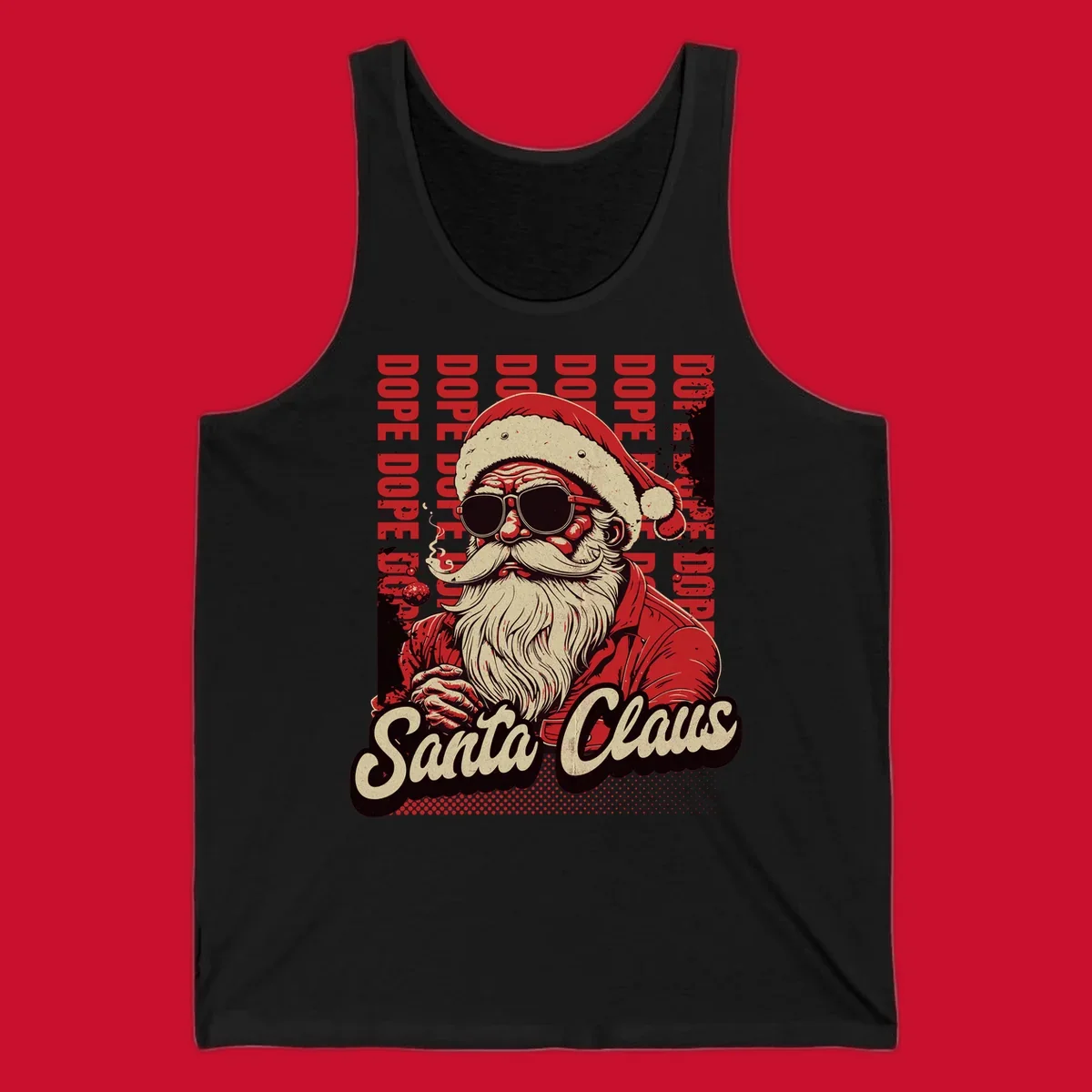 Dope Santa Claus illustration with sunglasses and smoking, text elements, on a dark background.