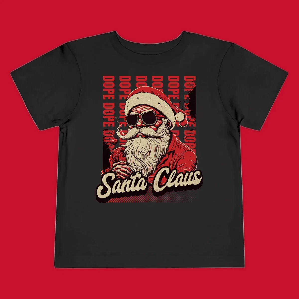 Dope Santa Claus illustration with sunglasses and smoking, text elements, on a dark background.