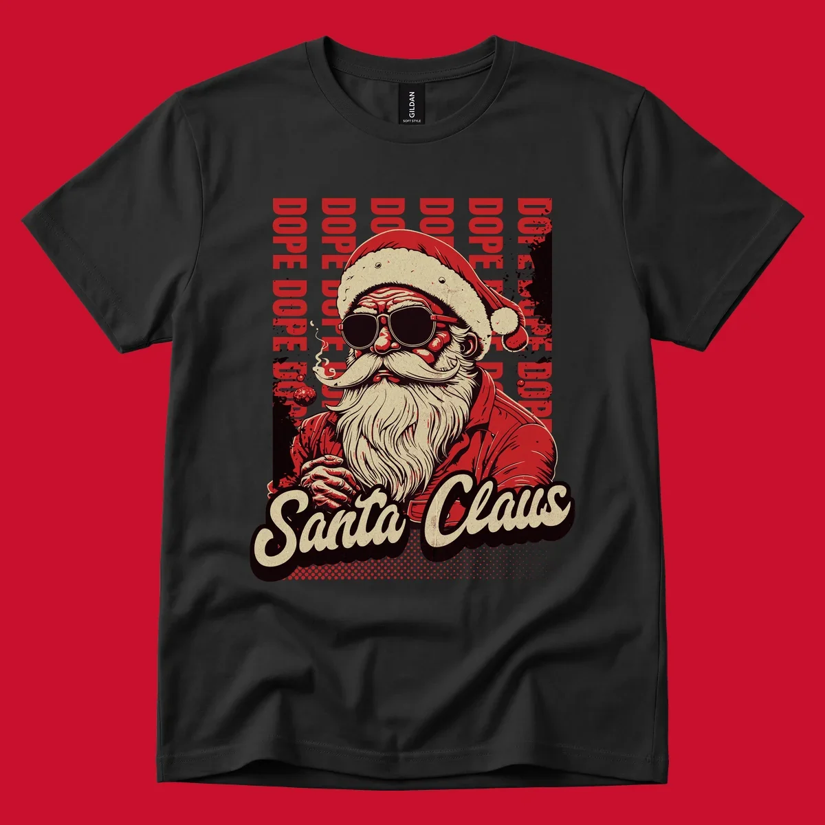 Dope Santa Claus illustration with sunglasses and smoking, text elements, on a dark background.