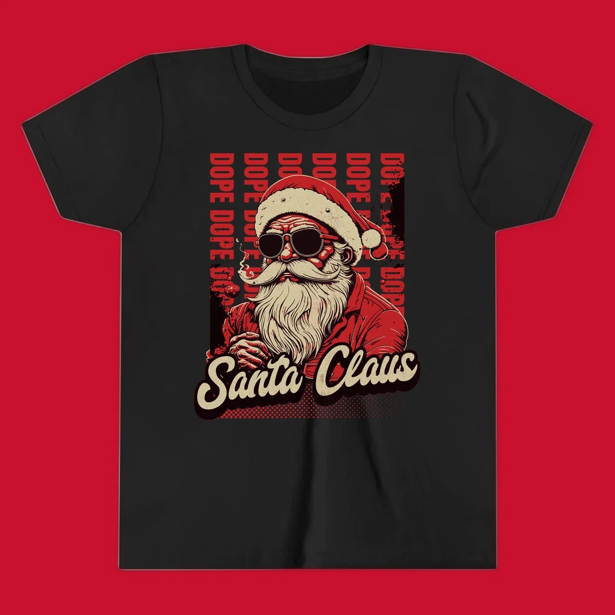 Dope Santa Claus illustration with sunglasses and smoking, text elements, on a dark background.