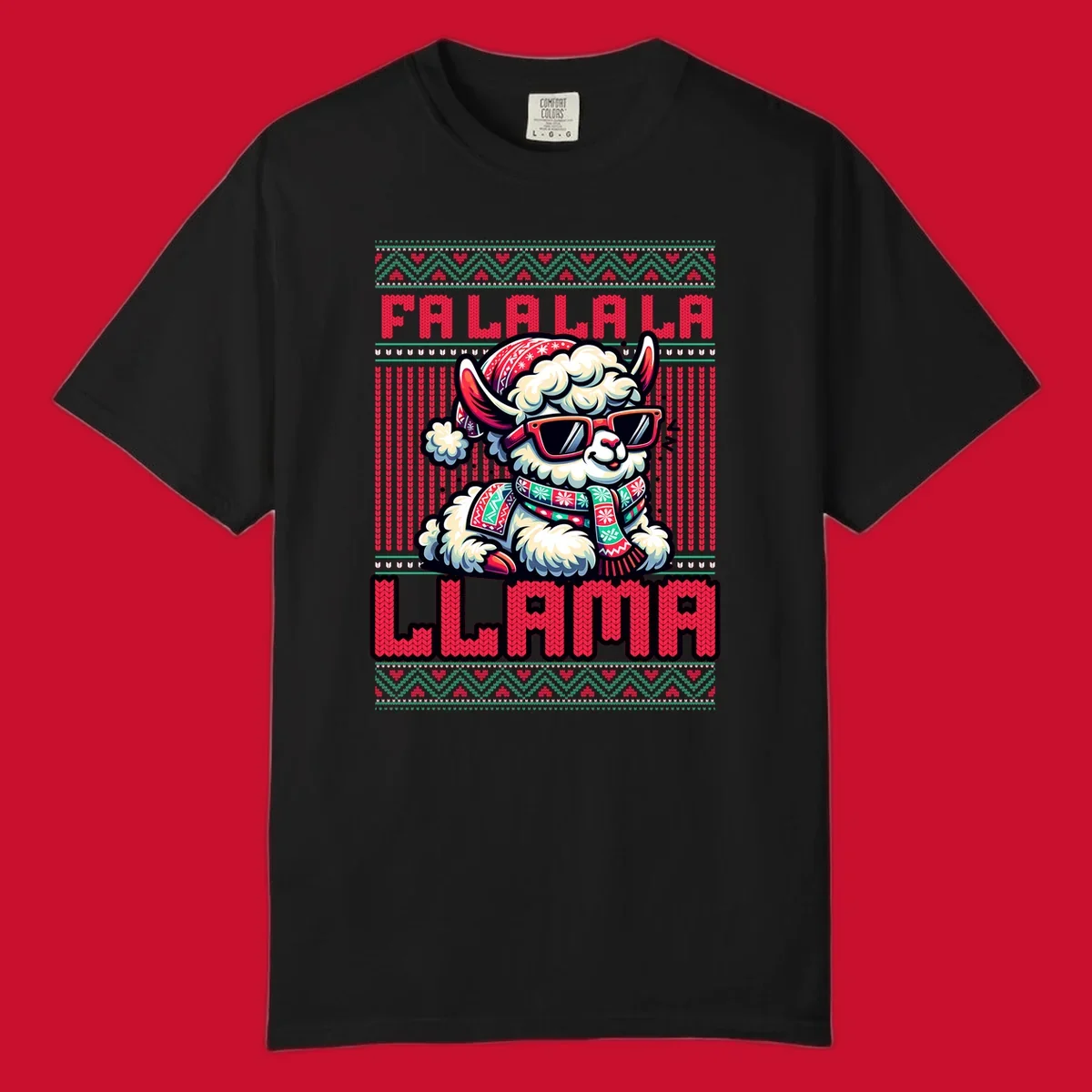 Loud falalala llama with sunglasses and Santa hat, ugly christmas sweater design.
