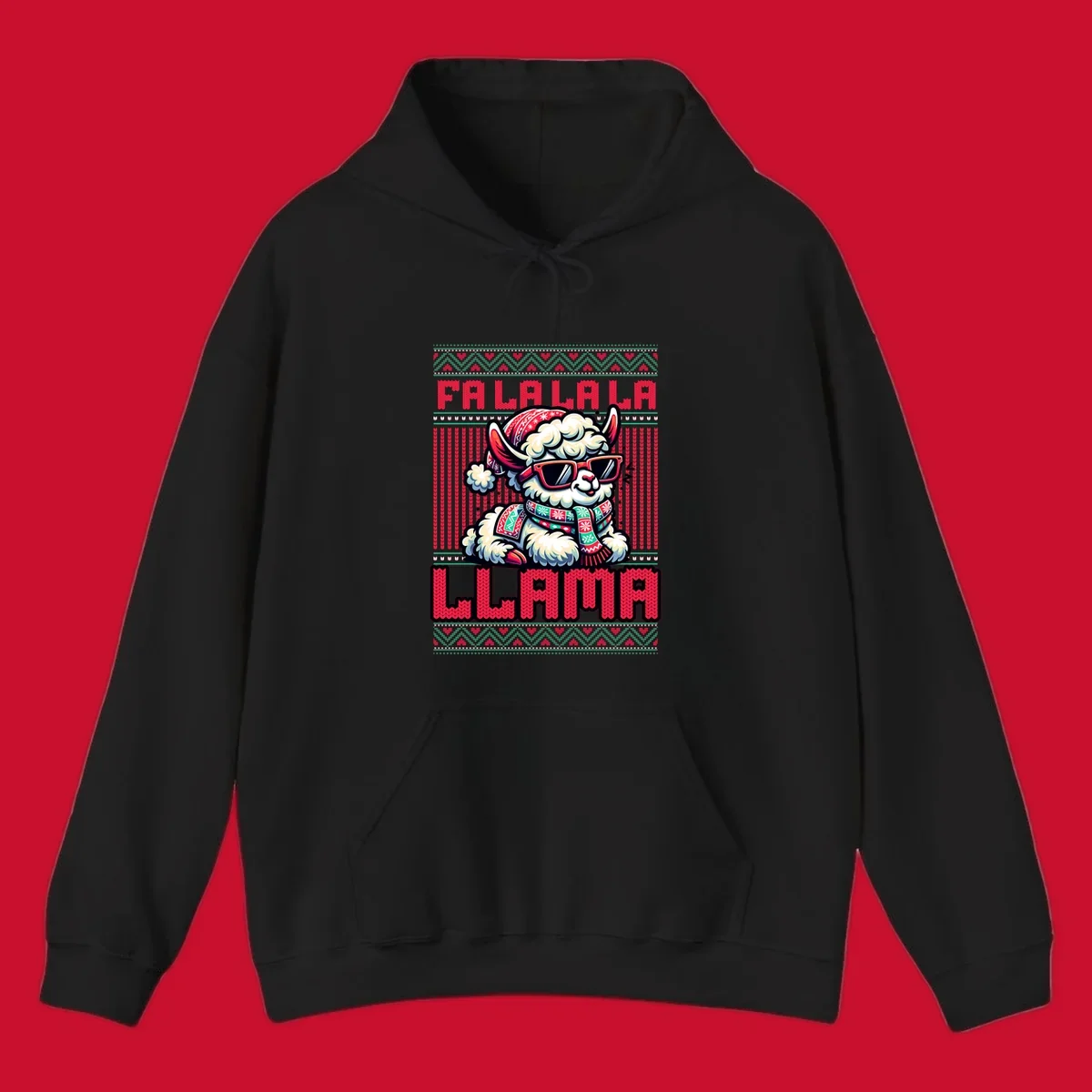 Loud falalala llama with sunglasses and Santa hat, ugly christmas sweater design.