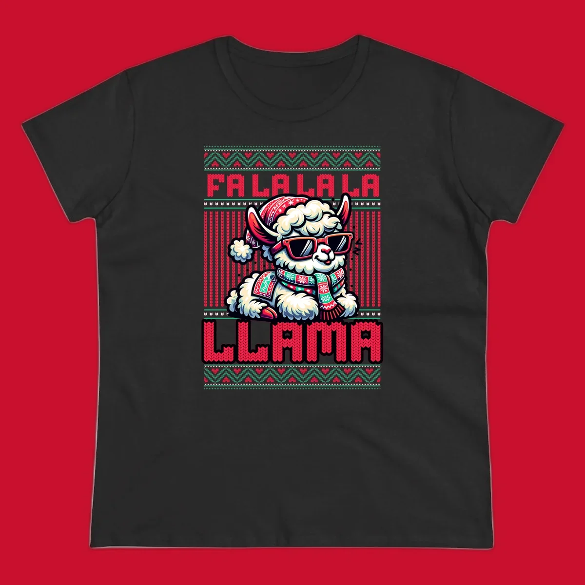 Loud falalala llama with sunglasses and Santa hat, ugly christmas sweater design.