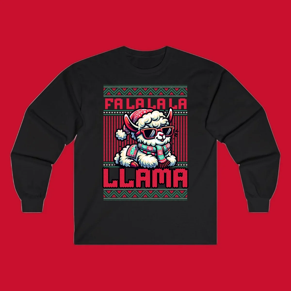 Loud falalala llama with sunglasses and Santa hat, ugly christmas sweater design.