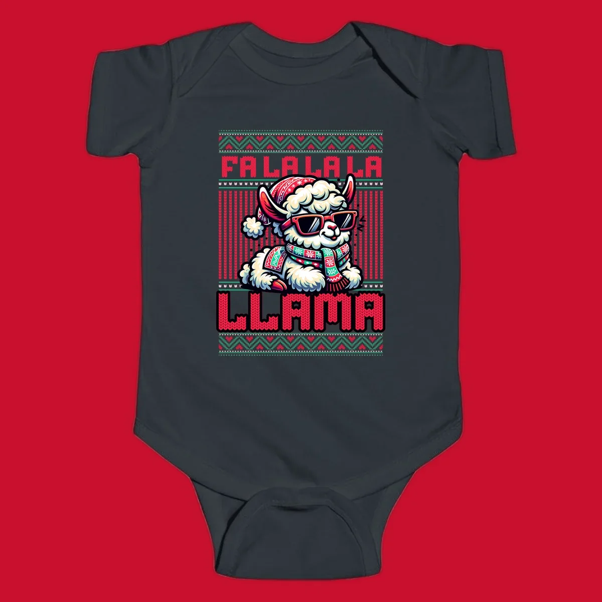 Loud falalala llama with sunglasses and Santa hat, ugly christmas sweater design.